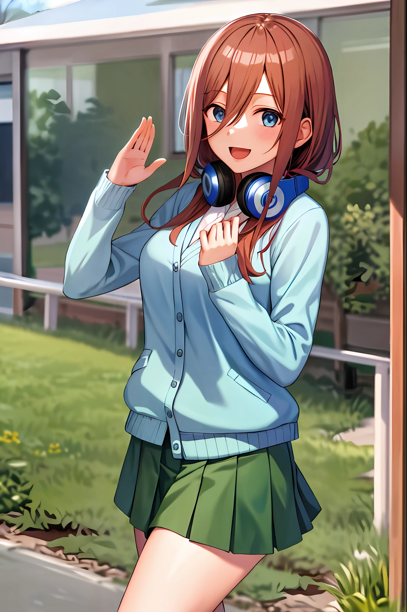 masterpiece, best quality, highres, nm1, headphones around neck, school uniform, long sleeves, blue cardigan, green skirt, pantyhose, cowboy shot, smile, open mouth, own hands together, field