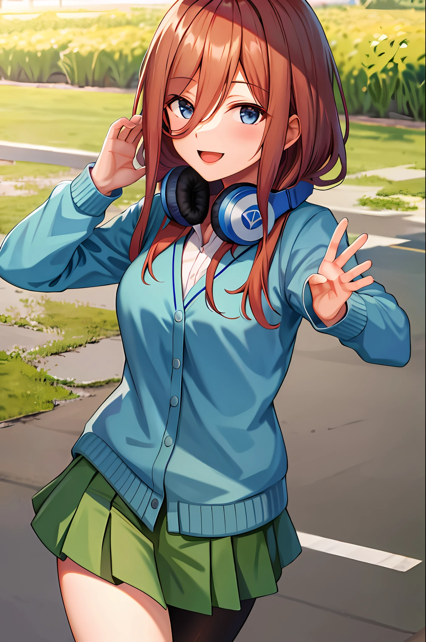 masterpiece, best quality, highres, nm1, headphones around neck, school uniform, long sleeves, blue cardigan, green skirt, pantyhose, cowboy shot, smile, open mouth, own hands together, field
