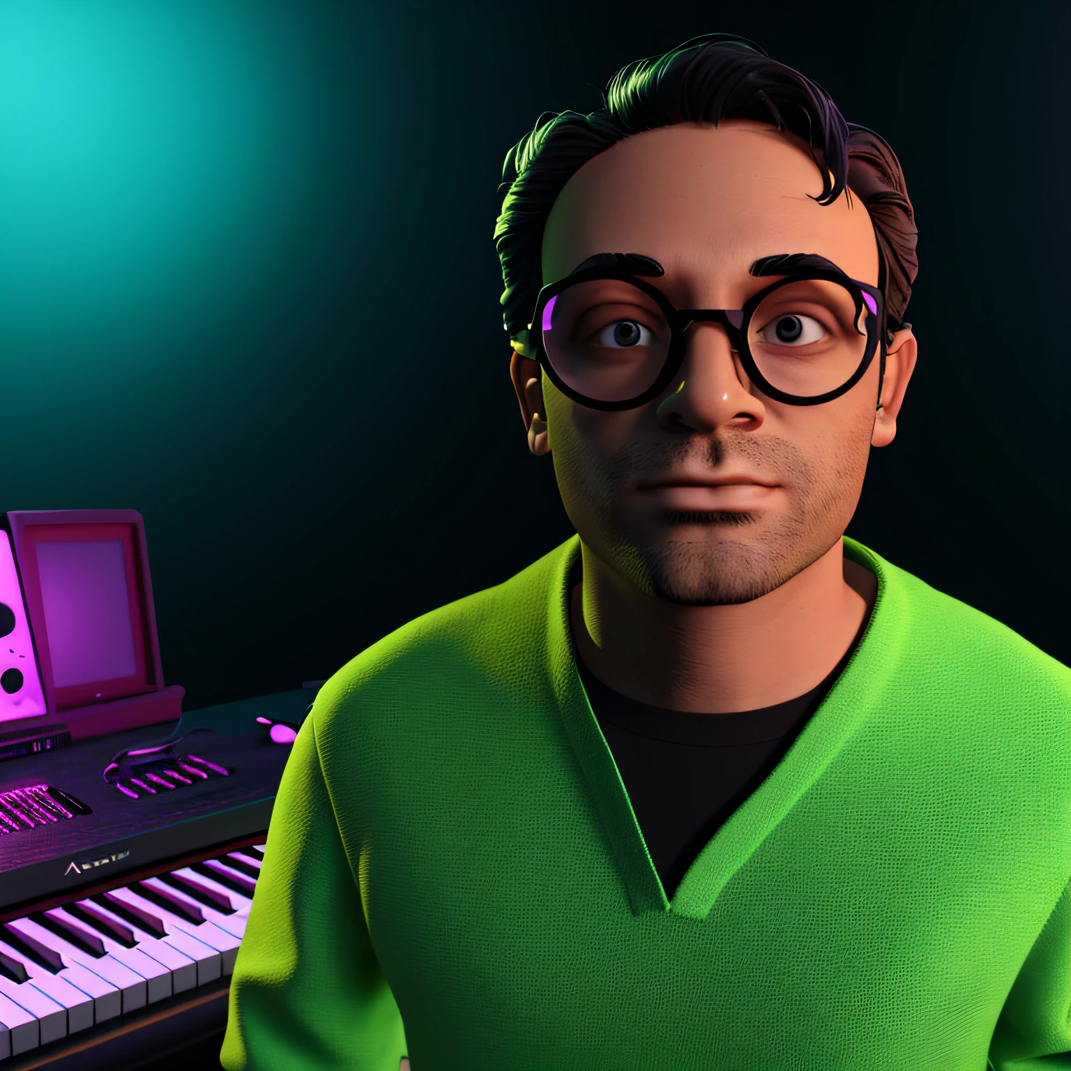 Arafed man in glasses standing in front of a keyboard, Lofi portrait, 3D render of Jerma 9 8 5, realistic self-portrait, keyboardist, music guy, character portrait of me, NFT portrait, portrait of Jerma985, 3D artist, Joshy Sly-style art, stylized 3D