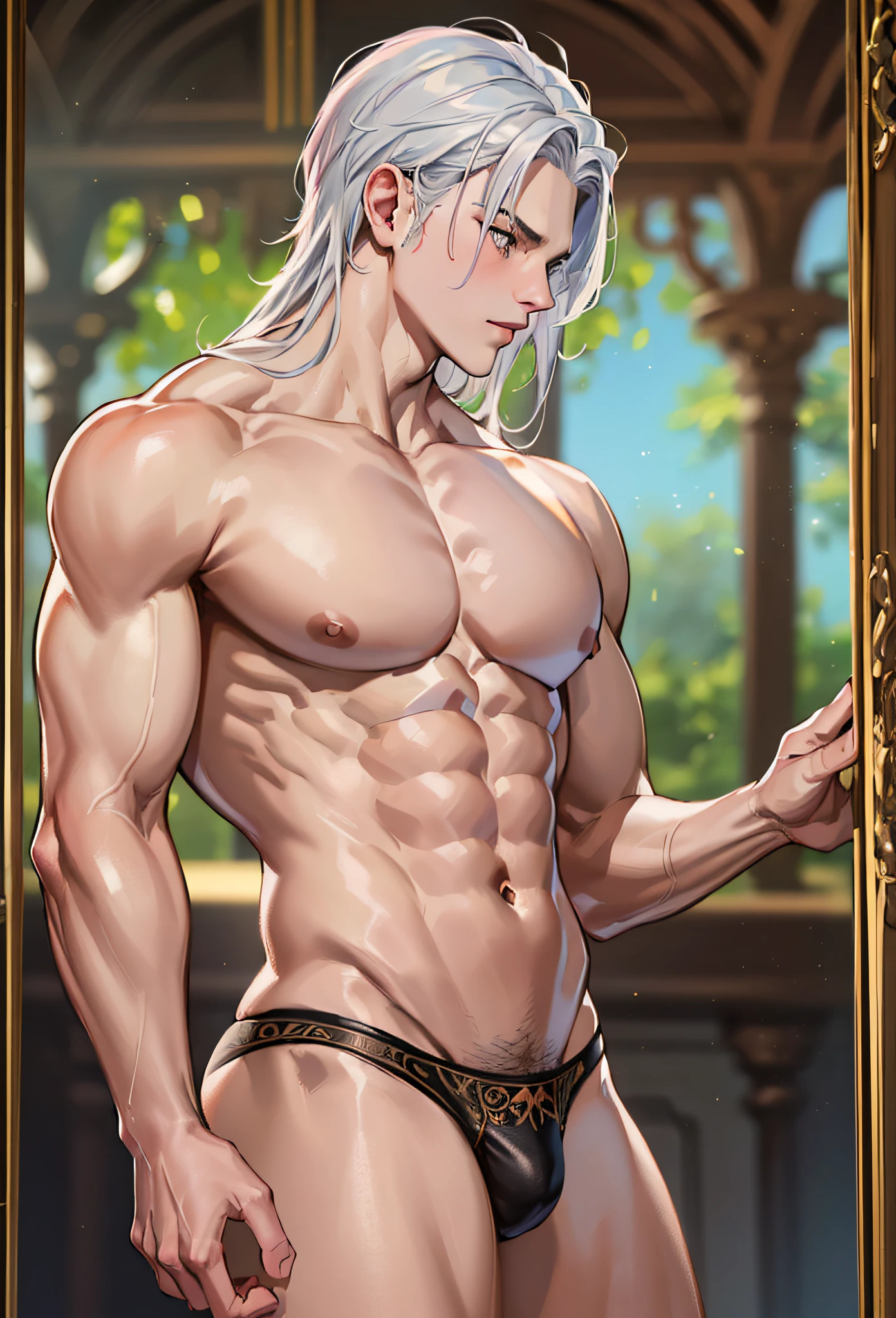 ((highest quality, masterpiece, 4k, finely detailed, intricate details)), 1 male, big pecs, soft pecs, pink fluffy, light abs, submissive pose, blushing, pale skin, silver hair, amber eyes, kissing girl