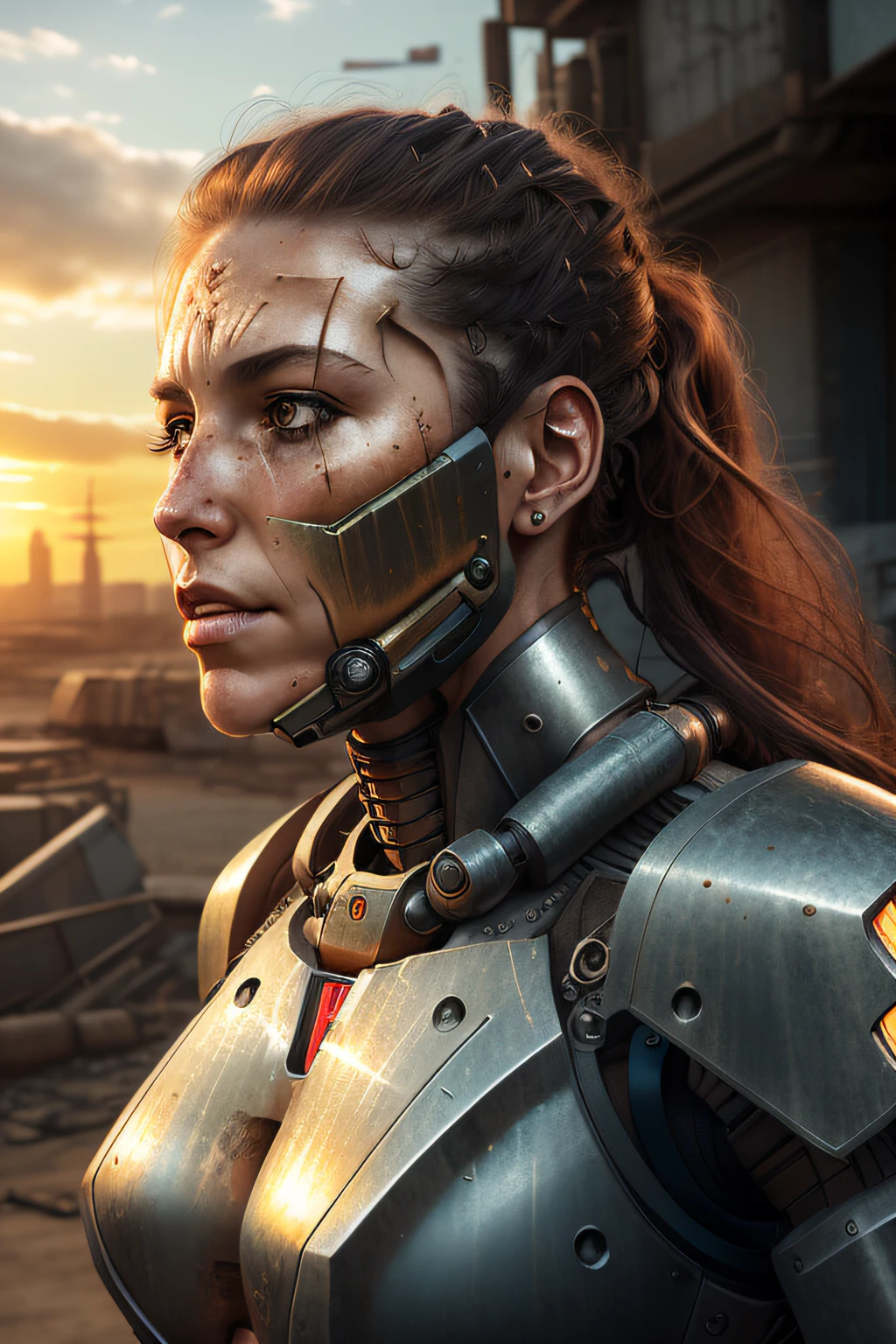 realistic photo of ((woman in a hulking hydraulic biomechanical exoskeleton armored robot)), (detailed face), sunset, sweaty, grime, post-apocalyptic, long hair, cyberpunk, (modelshoot style), eliol69