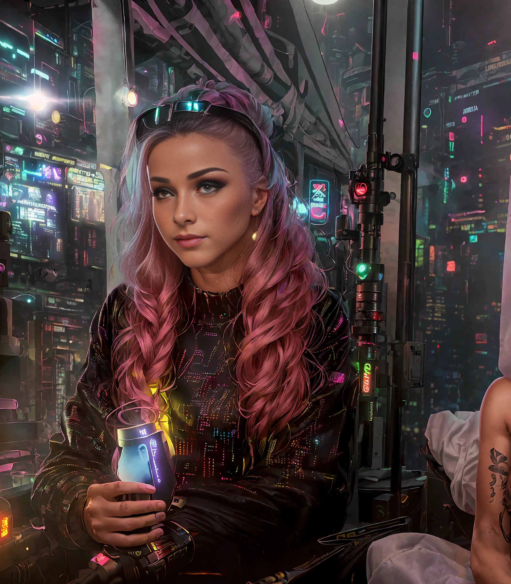 close-up of a man in the style of an NFT, with a bandage on his head on the screen, 000 - wikipedia, cyberpunk strip clubs, Elias Ravanetti, Marie Bashkirtseva, cyberpunk nightclub, Andrey Kolkutin, night club, science fiction nightclub, Alexander Kukharsky