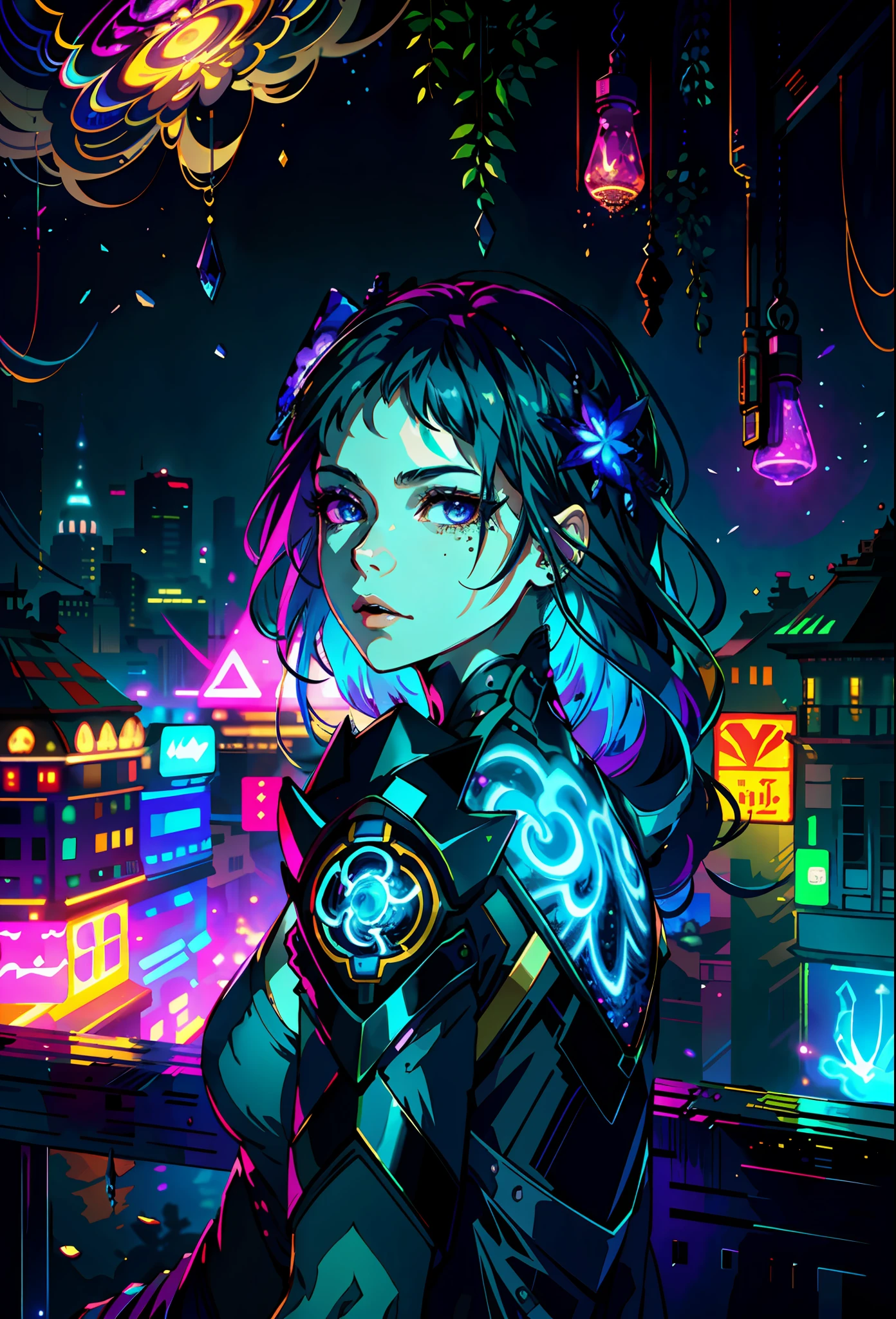 portrait | wide angle shot of eyes off to one side of frame, lucid dream-like woman, looking off in distance ::8 style | daydreampunk with glowing skin and eyes, styled in headdress, beautiful, she is dripping in neon lights, very colorful blue, green, purple, bioluminescent, glowing ::8 background | forest, vivid neon wonderland, particles, blue, green, purple ::7 parameters | rule of thirds, golden ratio, assymetric composition, hyper- maximalist, octane render, photorealism, cinematic realism, unreal engine, 8k