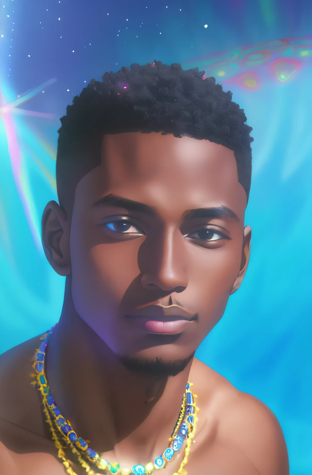Design a image of a 22 yr old darkskinned black men in a psychedelic design with a very short hair, black eyes, DMT,  beautiful, Sacred, psychedelic ,Aura, becoming spiritual, ultrarealistic photorealistic, 8k, artstation
