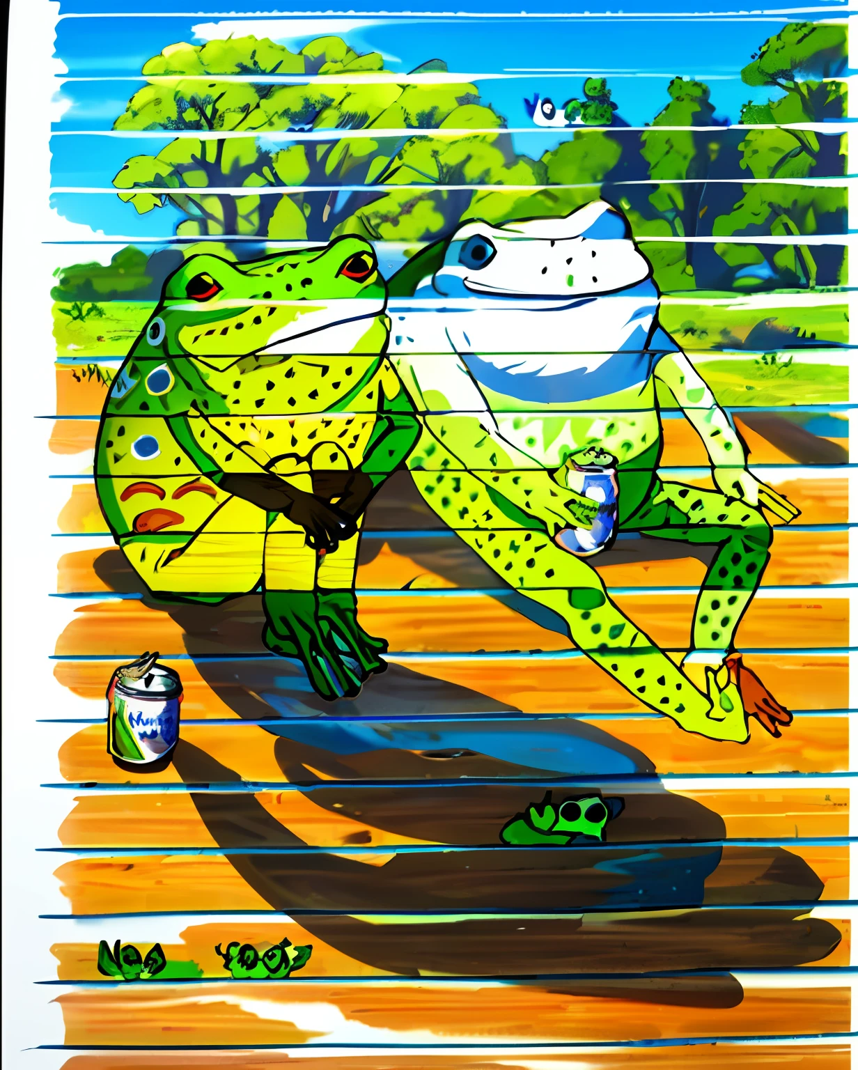 a drawing of a frog and a frog with soda cans, frogs, by Nándor Katona, by vore art, by Géza Udvary, by Alonso Vázquez, by Károly Lotz, frogs, by János Vaszary, by Edna Mann, by János Donát, (colorful) coloring style animation
