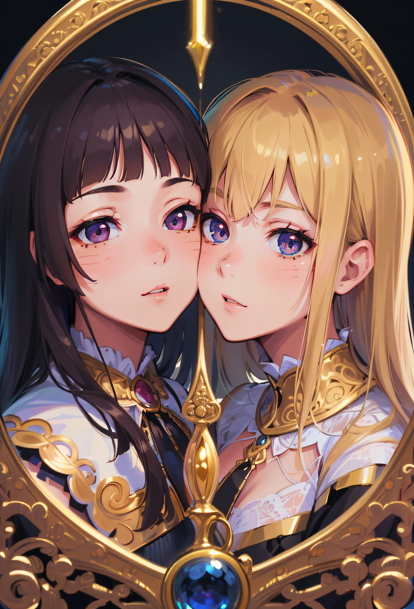 ((highest quality, masterpiece, 4k, finely detailed, detailed eyes, detailed face, intricate details, gelbooru, pixiv)), warm lighting, two girls kissing each other