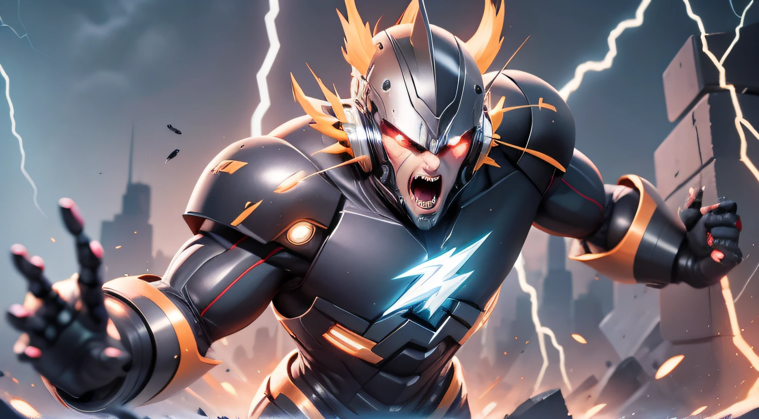 villain robotic man screaming throwing a very strong lightning bolt with an intense light