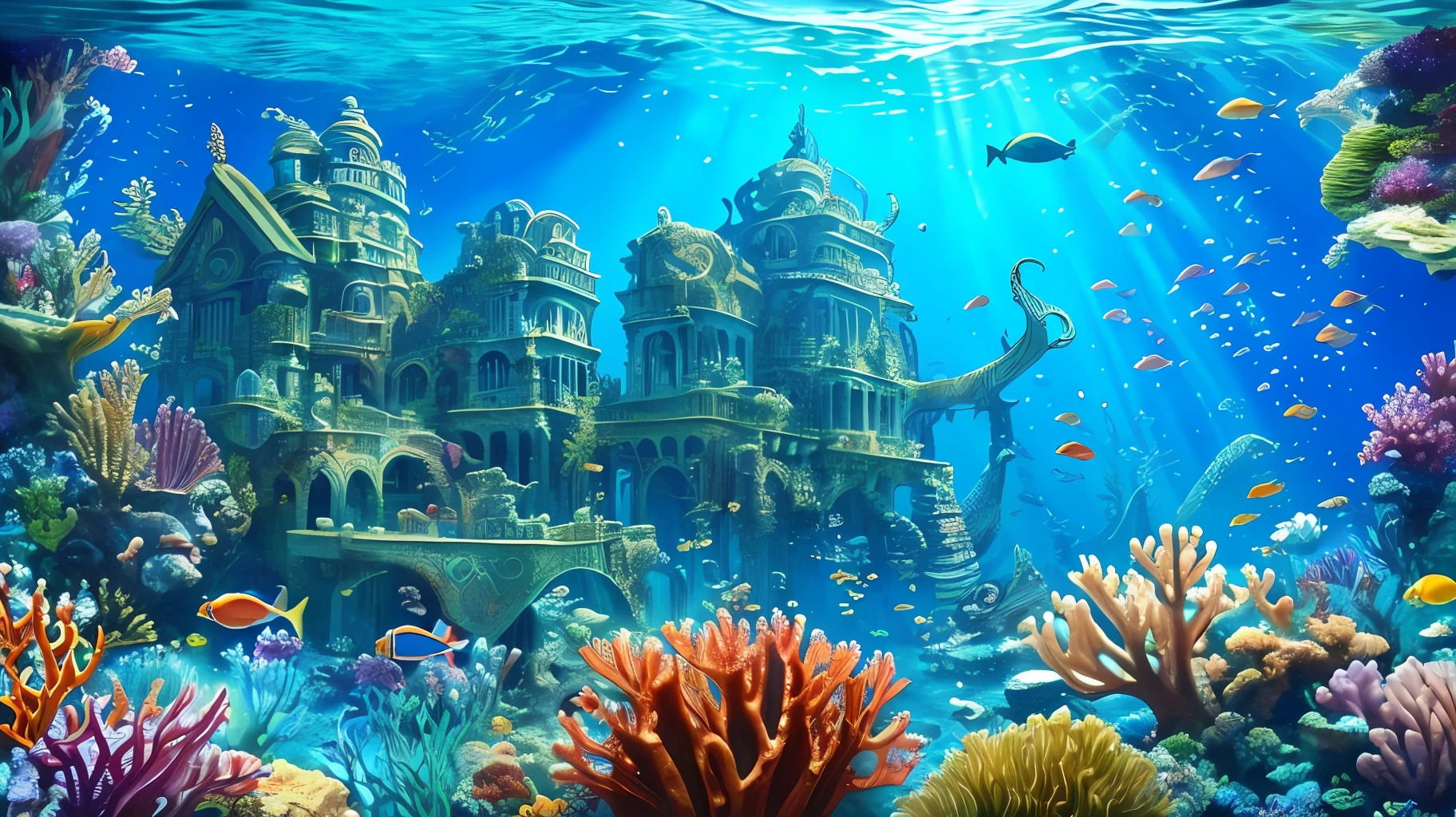 Underwater world deep sea, epic reality, (hdr: 1.4), dappled sunlight, cool colors, ancient ruins, underwater cities, marine life-type houses full of sense of design, incredible, epic composition, (complex details), ( Intricate Detail, Ultra Detail: 1.2), Art Station, Movie Clip, Intricate Background, (Masterpiece, Best Quality) --v 6