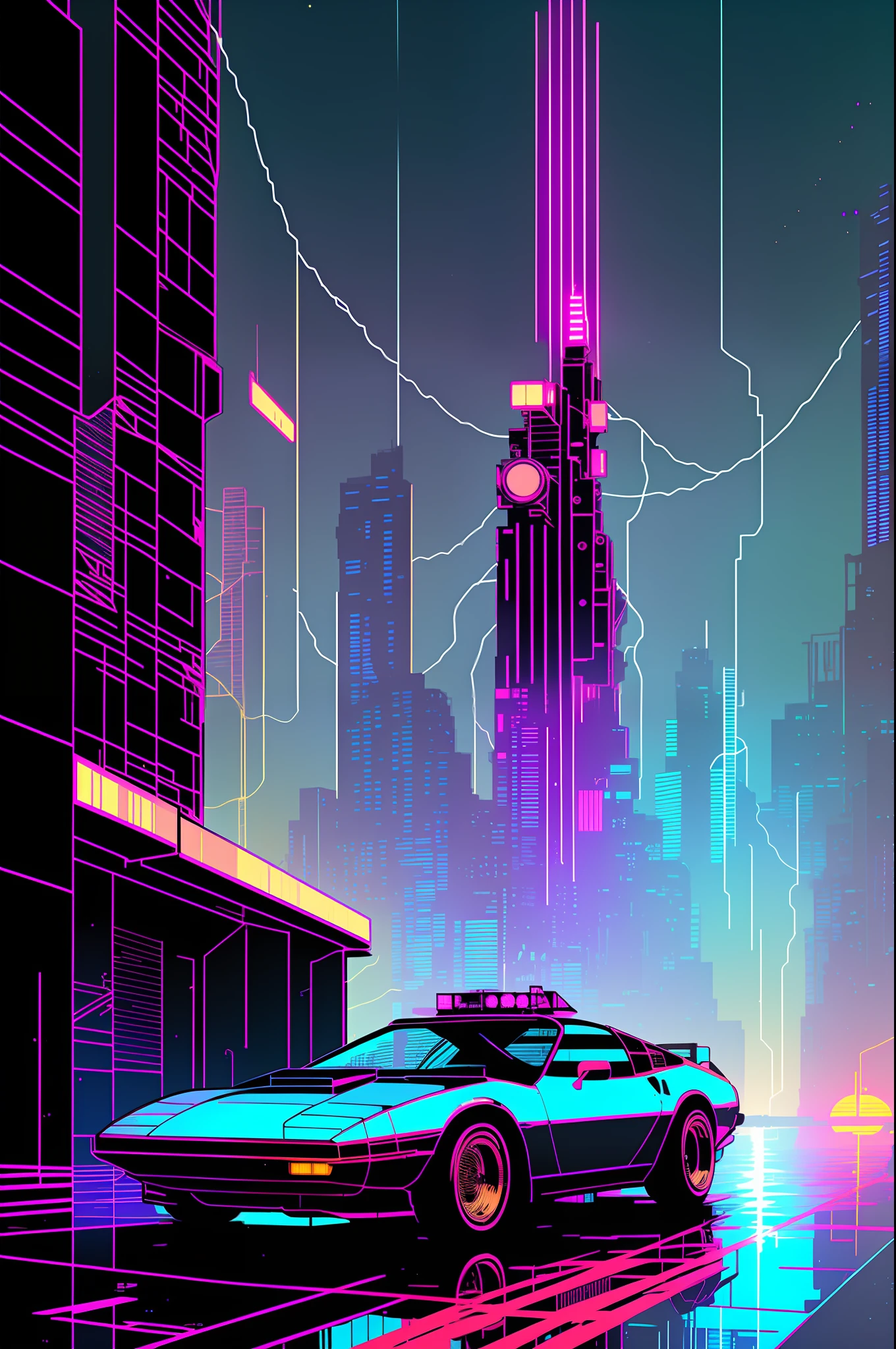 (nvinkpunk:1.2) (snthwve style:0.8) corvette, lightwave, sunset, intricate, highly detailed, Delorean, back to the future movie 1985