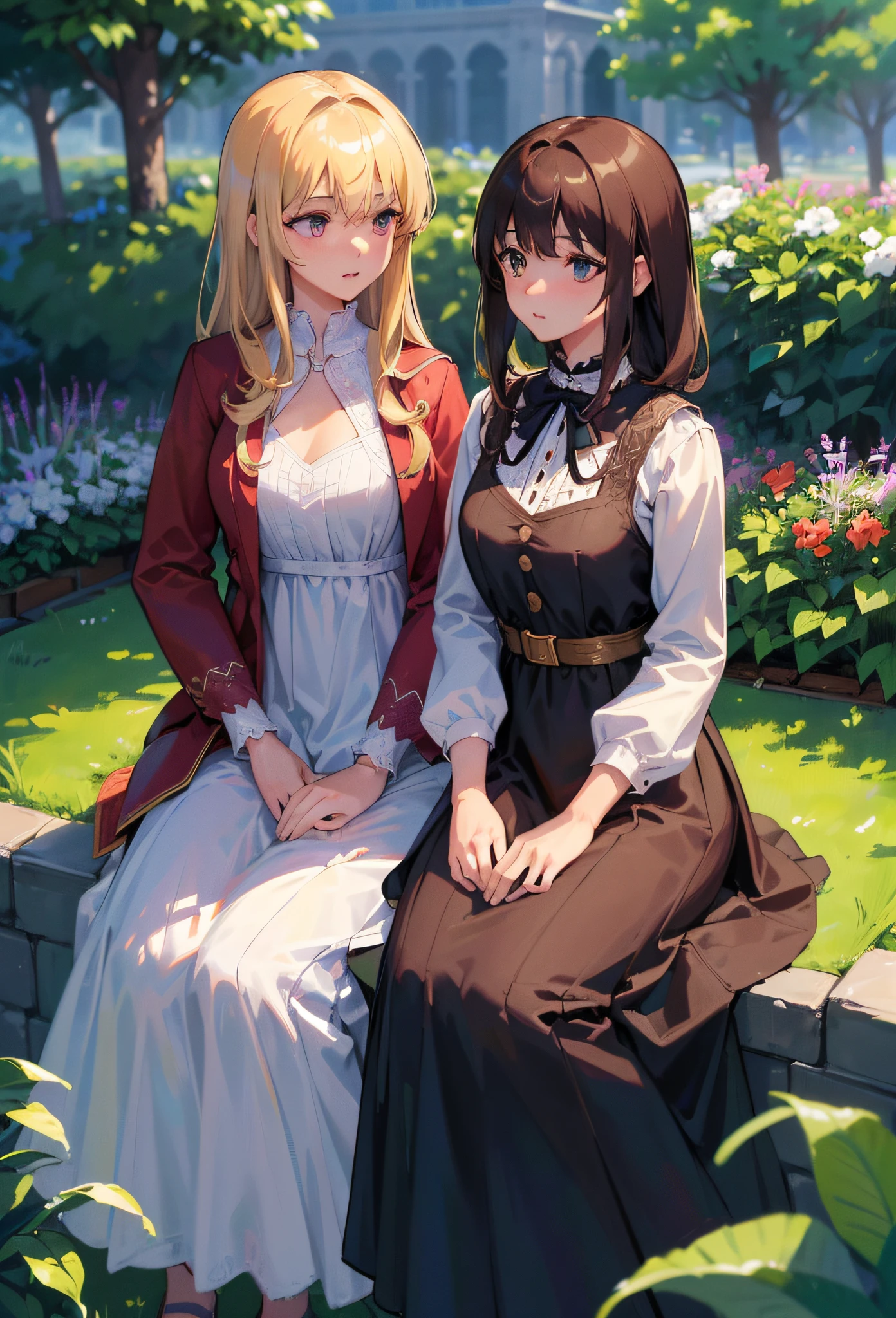 ((highest quality, masterpiece, 4k, finely detailed, detailed eyes, detailed face, intricate details, gelbooru, pixiv)), warm lighting, two girls one with brown hair the other with blonde hair are looking into each others eyes, one of them is wearing a casual outfit the other a long dress, a garden is behind them