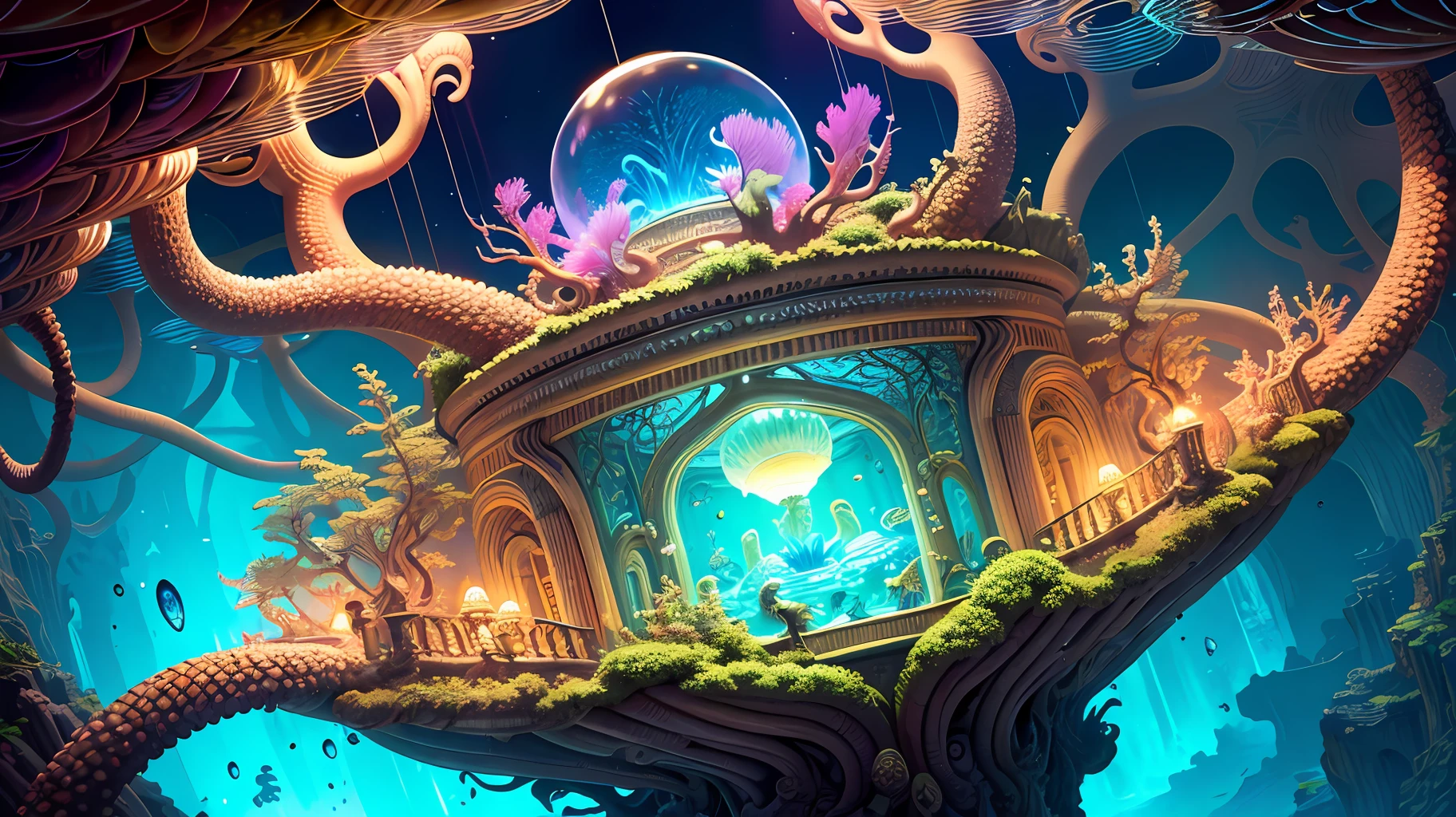 ancien atlantis unterwater scene with raylights, caustics, vivid colored corals, water snakes, jellyfishes, bioluminescence, fluorescence creatures, swimming fireflies, huge octopus monster had a very big bubble head, big eyes, highly detailed, centered, boris vallejo, H P Lovecraft, M C Escher, H R Giger, surreal, dramatic lighting, detailed, intricate, elegant, perfect lighting, anatomically perfect, intricate fractal ornaments,
