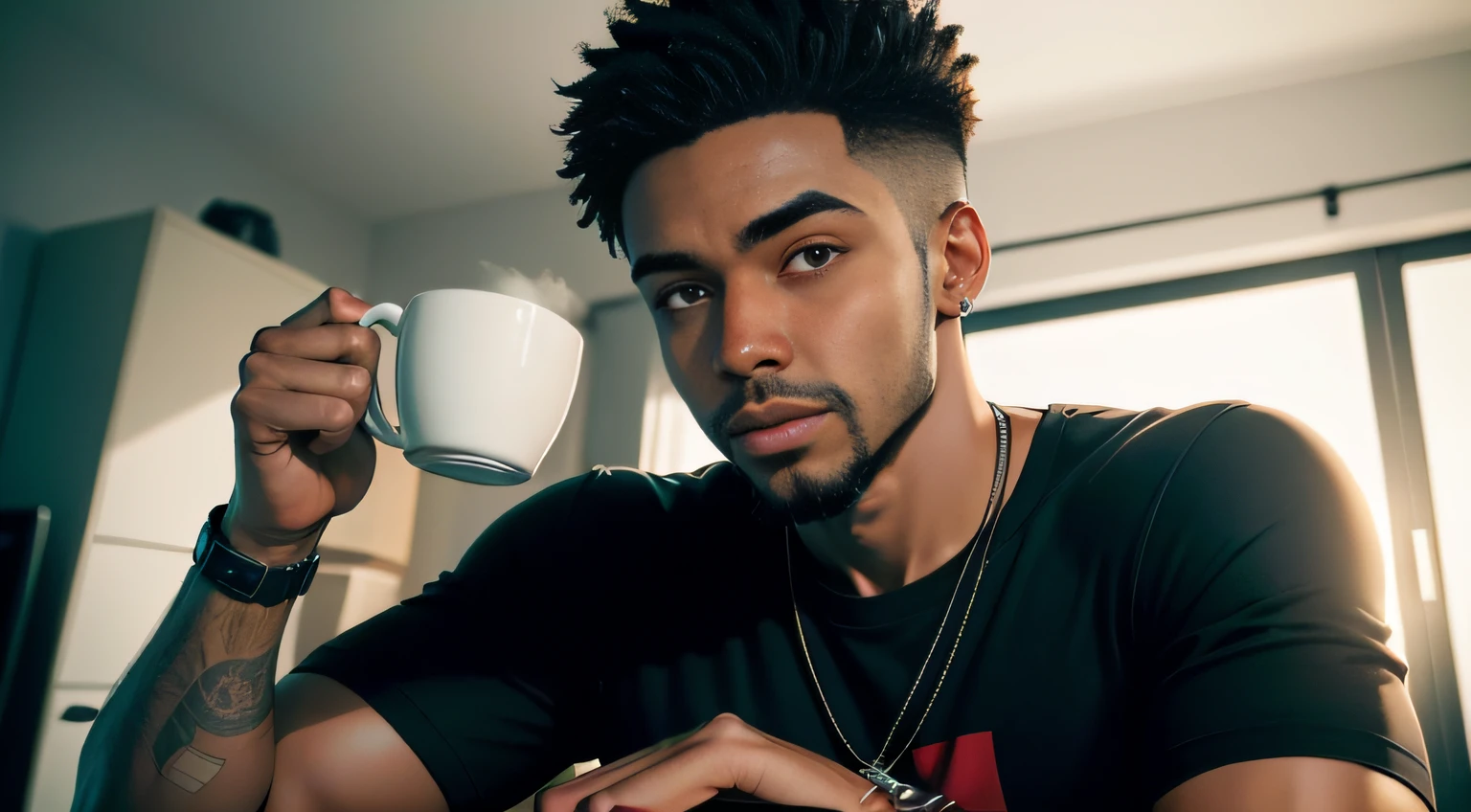(1 young black man),The face of this young black youtuber is expressive and striking, with strong features and a confident expression. His skin is well groomed and his short, well-made beard complements his modern and cool look. His dark eyes are piercing and convey mystery and suspense, which helps create an atmosphere of tension in his videos of urban legends. His posture is relaxed and secure, which shows his confidence in front of the cameras and contributes to creating a strong connection with his audiencebetter quality, high detail, incredibly delicate and beautiful illustration He is wearing an ordinary red T-shirt and jeans, which reflect his practical and cool style. Its leather strap adds a touch of style to its simple, relaxed look. His short black hair, short beard and light brown eyes catch the attention of his followers, while he holds a cup of hot coffee in one hand and a microphone in the other. He is focused and determined to create quality content for his audience while keeping his posture safe and relaxed, which contributes to creating a strong connection with his followers. In short, he's a successful YouTuber, known for his exciting and engaging urban legends, and his stripped-down style adds a personal touch to his content. High quality 4k image