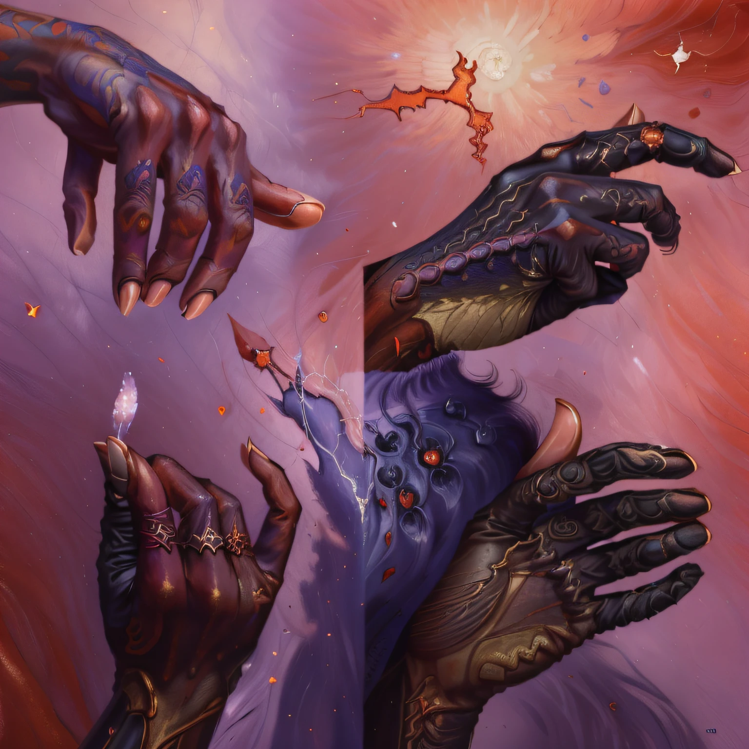 (((Masterpiece))), (((Best Quality: 1.4))), ((Super Detail: 1.4)) , hyper detailed gouache painting of warrior Tiefling male hand:1.5, perfect hand, hyper symmetric fingers:1.5, long nails, natural purple skintone:1.5, hyper detailed muscles, detailed textures, scars:1.5, tattoos, natural skin shader, ultra High resolution, exact anathomy, symmetry, glossy overlay