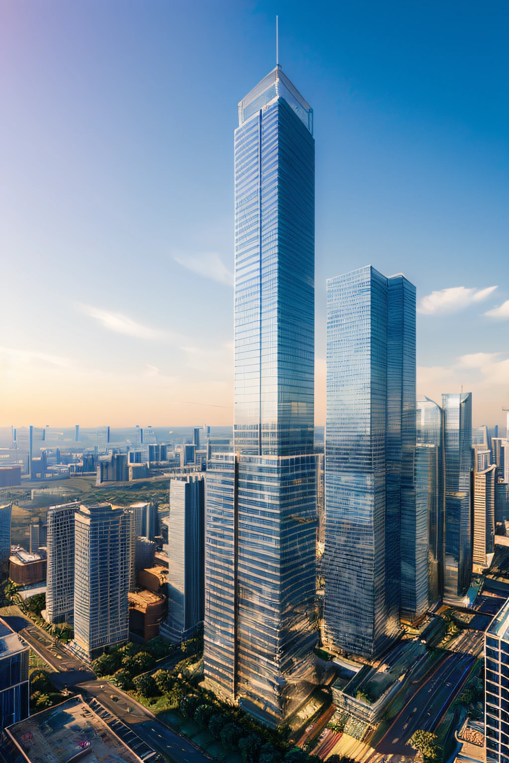 ((masterpiece, best quality)), aerial view of skyscrapers, photorealistic. cinematic lighting. dramatic lighting. , 8k, modern architecture style, realistic photo, hyper detailed photo, clear sky with clouds