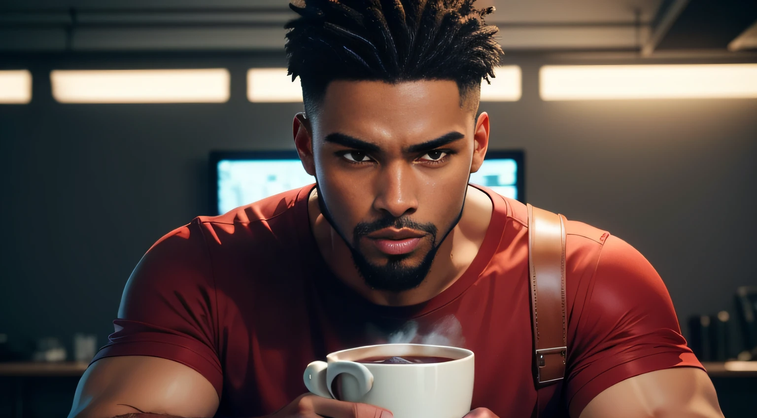 (1 young black man),The face of this young black youtuber is expressive and striking, with strong features and a confident expression. His skin is well groomed and his short, well-made beard complements his modern and cool look. His dark eyes are piercing and convey mystery and suspense, which helps create an atmosphere of tension in his videos of urban legends. His posture is relaxed and secure, which shows his confidence in front of the cameras and contributes to creating a strong connection with his audiencebetter quality, high detail, incredibly delicate and beautiful illustration He is wearing an ordinary red T-shirt and jeans, which reflect his practical and cool style. Its leather strap adds a touch of style to its simple, relaxed look. His short black hair, short beard and light brown eyes catch the attention of his followers, while he holds a cup of hot coffee in one hand and a microphone in the other. He is focused and determined to create quality content for his audience while keeping his posture safe and relaxed, which contributes to creating a strong connection with his followers. In short, he's a successful YouTuber, known for his exciting and engaging urban legends, and his stripped-down style adds a personal touch to his content. High quality 4k image