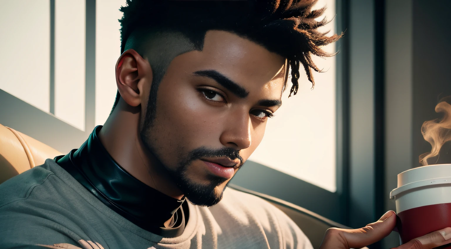 (ung black man),The face of this young black youtuber is expressive and striking, with strong features and a confident expression. His skin is well groomed and his short, well-made beard complements his modern and cool look. His dark eyes are piercing and convey mystery and suspense, which helps create an atmosphere of tension in his videos of urban legends. His posture is relaxed and secure, which shows his confidence in front of the cameras and contributes to creating a strong connection with his audiencebetter quality, high detail, incredibly delicate and beautiful illustration He is wearing an ordinary red T-shirt and jeans, which reflect his practical and cool style. Its leather strap adds a touch of style to its simple, relaxed look. His short black hair, short beard and light brown eyes catch the attention of his followers, while he holds a cup of hot coffee in one hand and a microphone in the other. He is focused and determined to create quality content for his audience while keeping his posture safe and relaxed, which contributes to creating a strong connection with his followers. In short, he's a successful YouTuber, known for his exciting and engaging urban legends, and his stripped-down style adds a personal touch to his content. High quality 4k image
