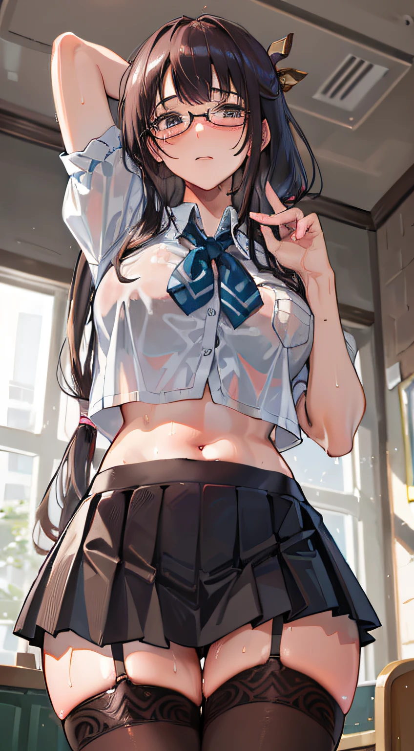 realistic, photorealistic, colorful, great lighting, ultra-detailed, dynamic angle, masterpiece,(solo:1.1), perfect face, (bright lighting:1.2),beautiful detailed eyes, extremely detailed face, perfect lighting,masterpiece, best quality, 1girl, {hair (darkbrown), (long hair), (2 ponytails)},
look up from below, back facing, classroom, sofa,
darkbrown high school girl uniform, pleated skirt, stockings, sweaty, glasses, wet body, navel out, thighs out, buttocks, large breast, slim, slender, translucent, Embarrassed expression, blush