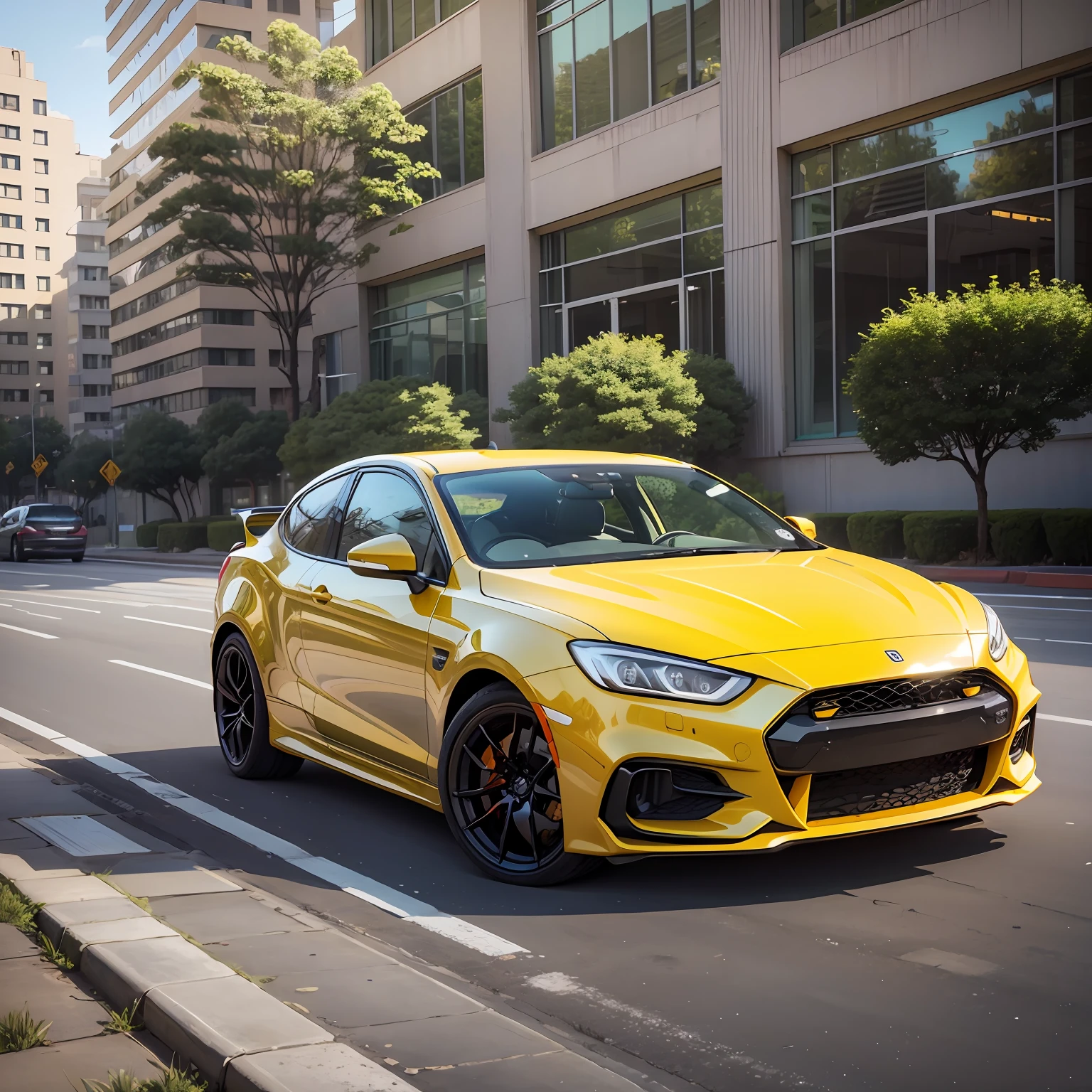 yellow car, sporty, in the background a large construction, better quality. --auto --s2