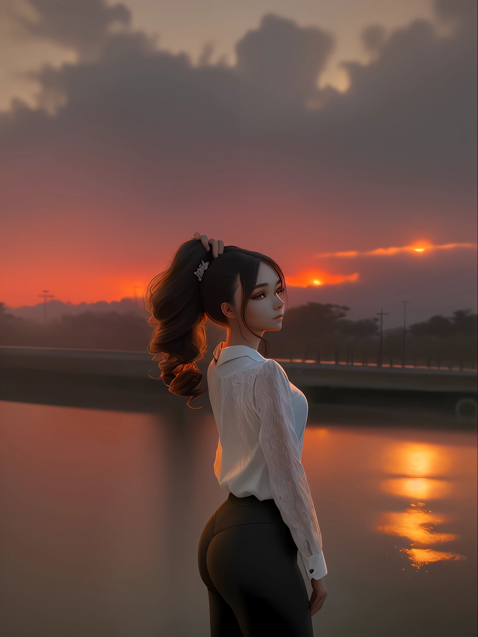 Beautiful girl gathered her hair and put it up at the back in evening, side view, background is sunset view, wearing long sleeve white lace shirt, wearing tight black pants, ultra detailed beautiful hands, ultra detailed beautiful face with side view, ultra detailed beautiful eyes