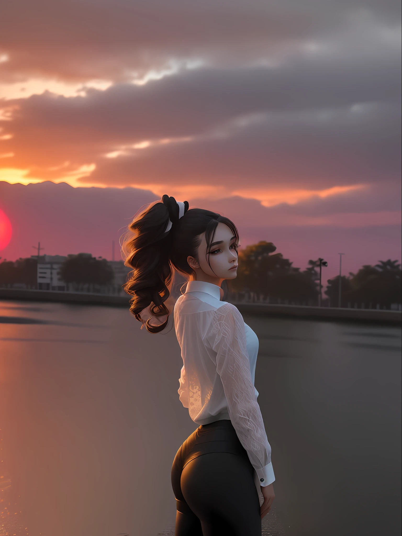 Beautiful girl gathered her hair and put it up at the back in evening, side view, background is sunset view, wearing long sleeve white lace shirt, wearing tight black pants, ultra detailed beautiful hands, ultra detailed beautiful face with side view, ultra detailed beautiful eyes
