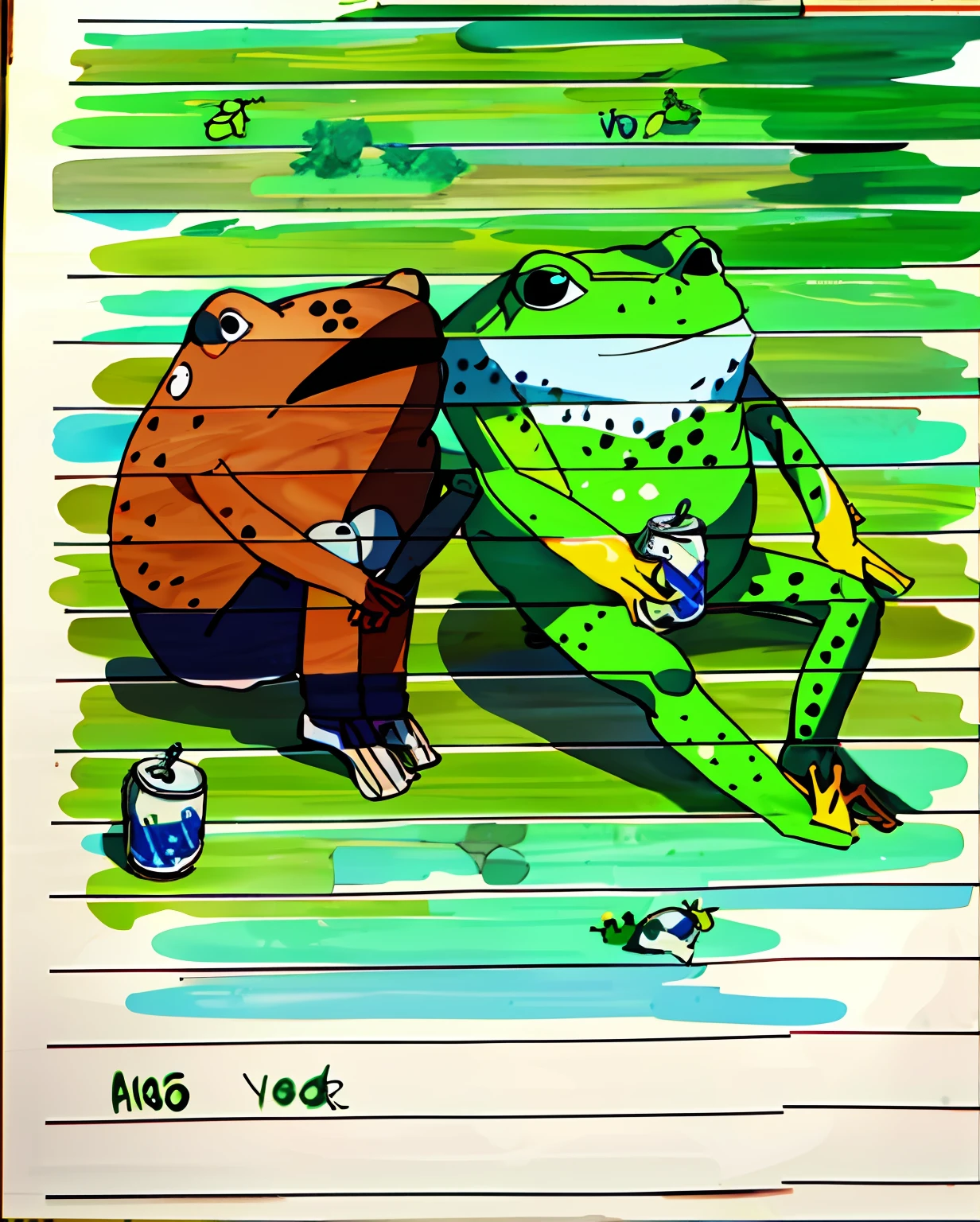 a drawing of a frog and a frog with soda cans, (colorful) coloring style animation, on top of the brown frog is written "I", on top of the green frog is written "you", in the lower corner of the image is written "I love you'', write "maduv" in the lower right corner