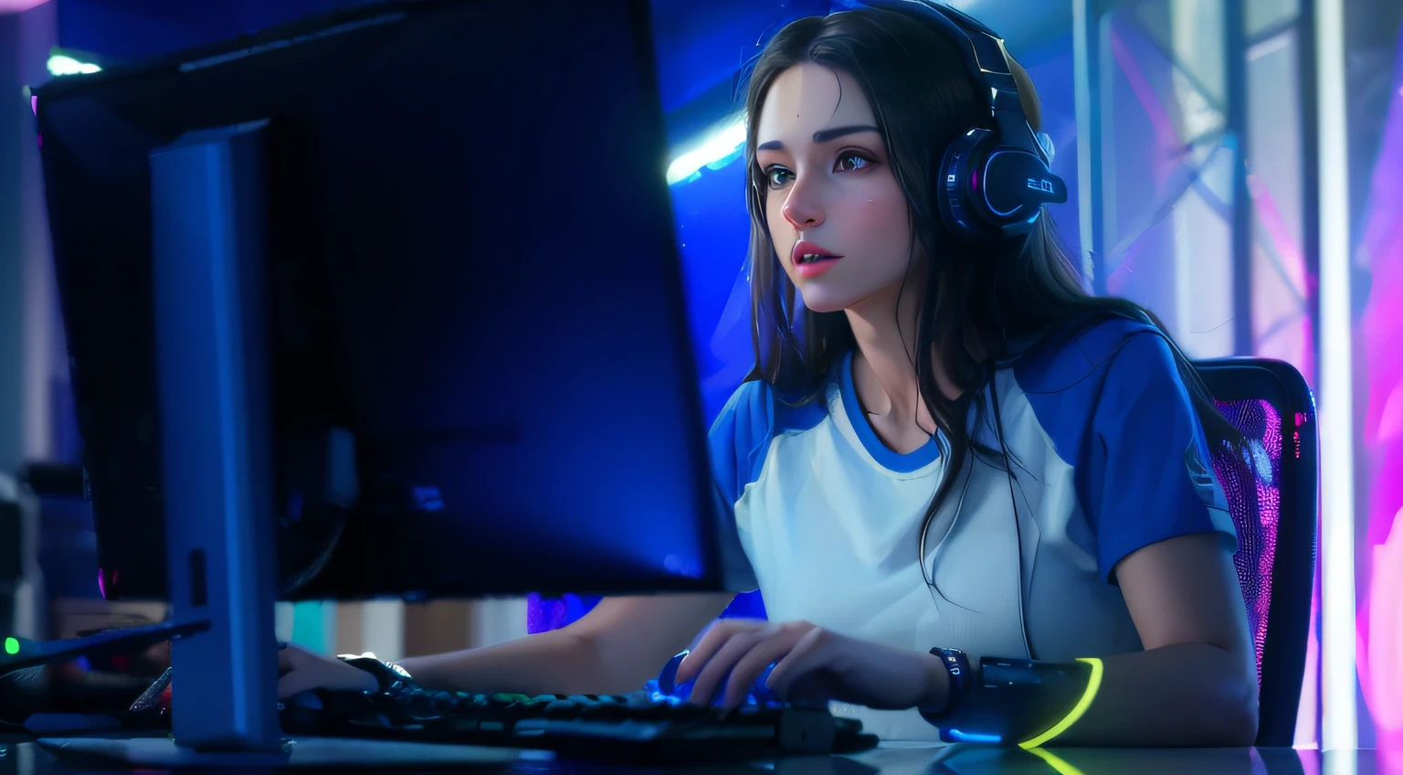 Catgirl, detailed hyperrealism face, beautiful face, Beautiful girl, female gamer, (playing game in the gaming room), R-cup breast, full body, (wear earphone rgb), Very detailed, 8k, dark tone, dark shadow, glow in the dark, gaming color grading, (HDR, UHD, 64k, best quality, RAW photograph, best quality, masterpiece:1.5),UHD, hd , 64k, hyperrealism, Very detailed, full body, hyperrealism, Very detailed, in hyperrealistic detail, A hyper realistic detailed full body image, highly detailed, digital painting, Trending on artstation, HD quality