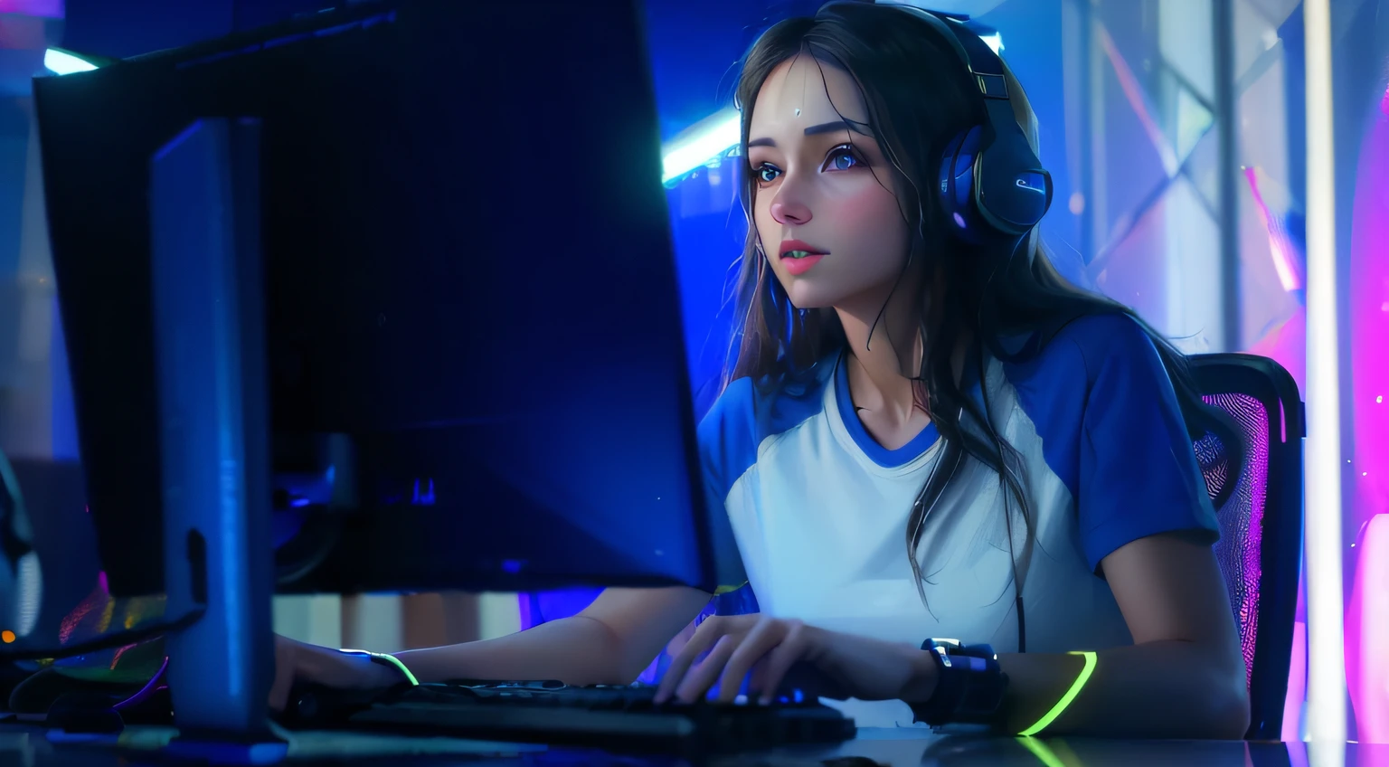 Catgirl, detailed hyperrealism face, beautiful face, Beautiful girl, female gamer, (playing game in the gaming room), R-cup breast, full body, (wear earphone rgb), Very detailed, 8k, dark tone, dark shadow, glow in the dark, gaming color grading, (HDR, UHD, 64k, best quality, RAW photograph, best quality, masterpiece:1.5),UHD, hd , 64k, hyperrealism, Very detailed, full body, hyperrealism, Very detailed, in hyperrealistic detail, A hyper realistic detailed full body image, highly detailed, digital painting, Trending on artstation, HD quality