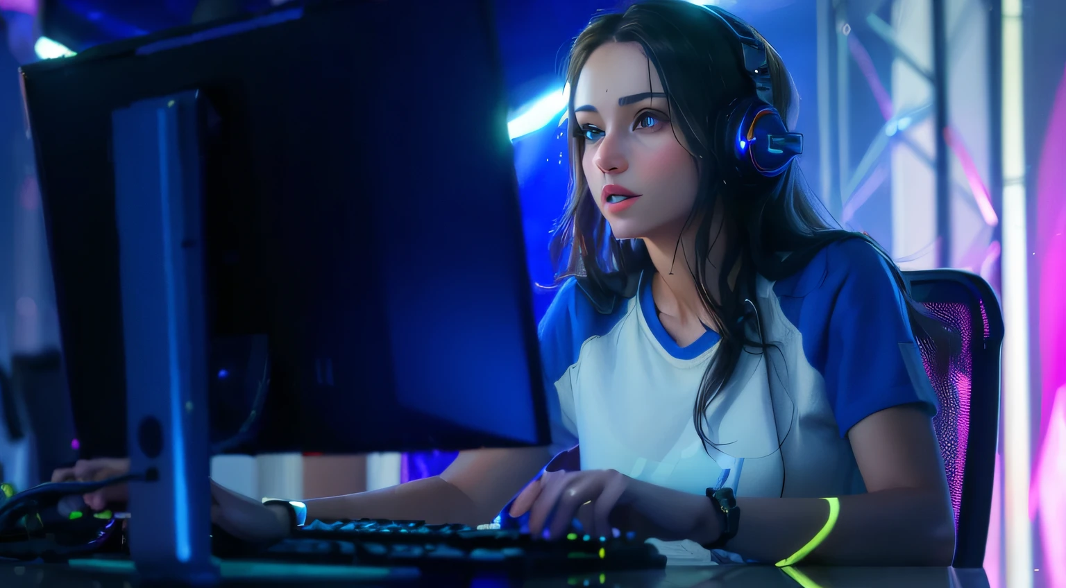 Catgirl, detailed hyperrealism face, beautiful face, Beautiful girl, female gamer, (playing game in the gaming room), R-cup breast, full body, (wear earphone rgb), Very detailed, 8k, dark tone, dark shadow, glow in the dark, gaming color grading, (HDR, UHD, 64k, best quality, RAW photograph, best quality, masterpiece:1.5),UHD, hd , 64k, hyperrealism, Very detailed, full body, hyperrealism, Very detailed, in hyperrealistic detail, A hyper realistic detailed full body image, highly detailed, digital painting, Trending on artstation, HD quality