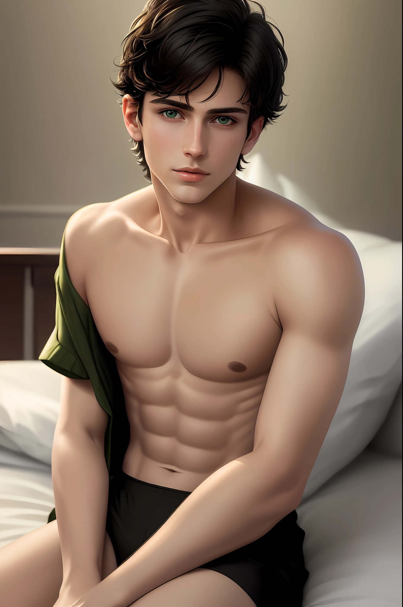 -------- Masterpiece, best quality, (realistic, very detailed), boy, handsome face, short hair, black hair, green eyes, flushed face, on a bed, little clothing, seduction, sensual, atmosphere, (realism: 1.5), 8k, novel book cover, most beautiful man in the world, delicate features, young 20-28 years.