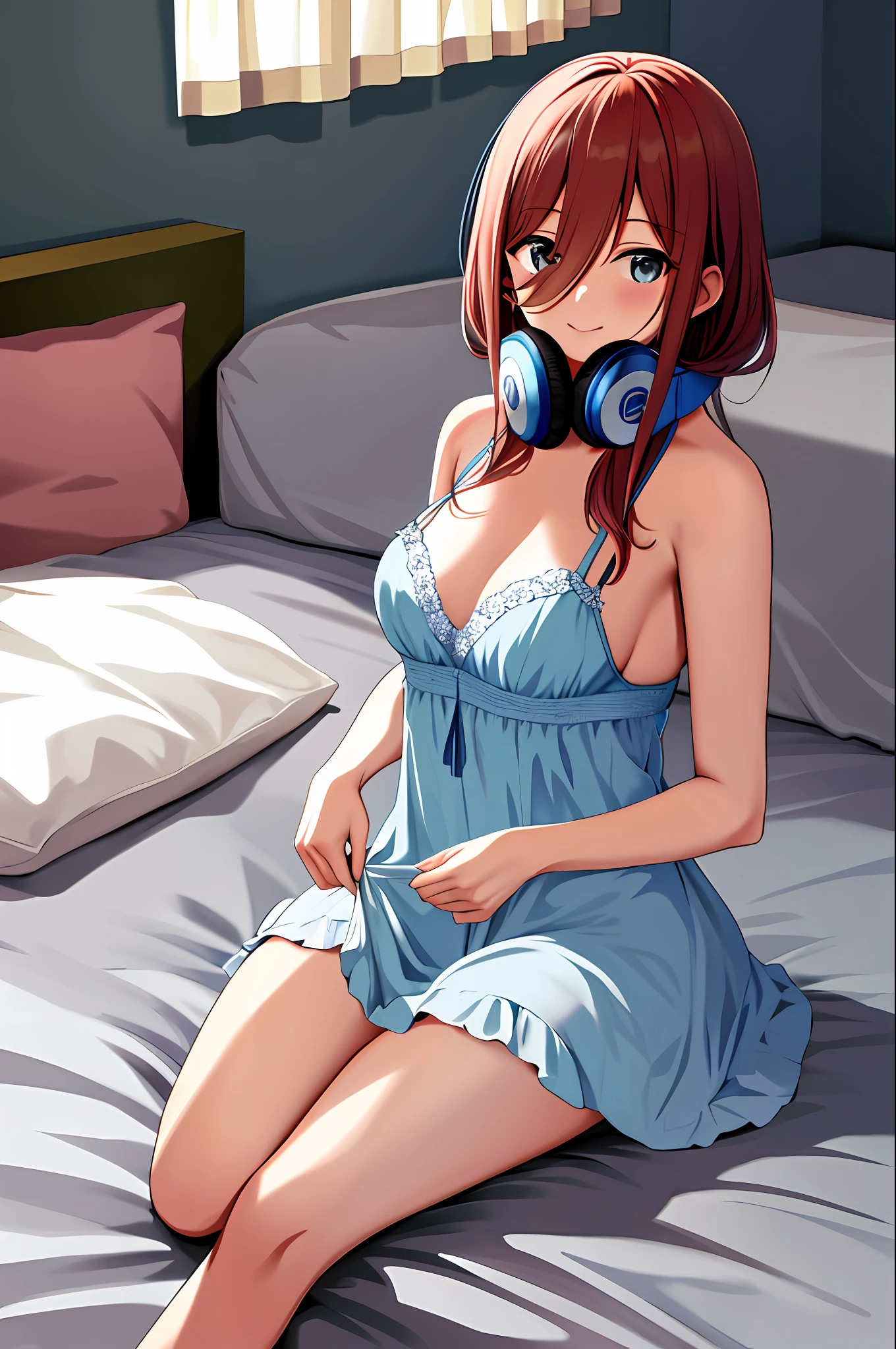 masterpiece, best quality, highres, nm1, headphones around neck, wariza, Miku Nakano, sleep dress, bed dress, lingerie, in bed, inroom, in bedroom, sit on the bed,