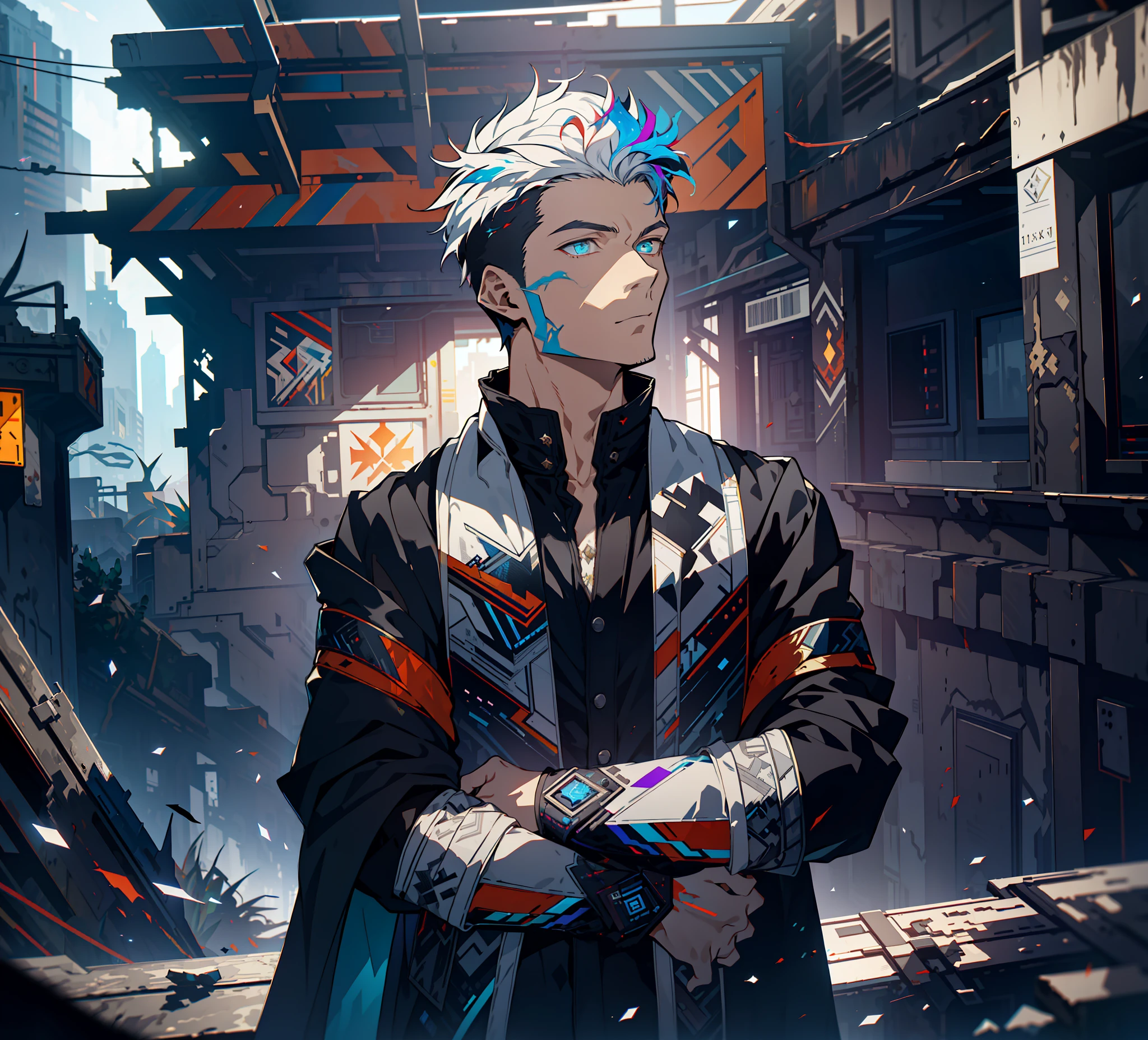 Cyberpunk male, fantasy world, dark background, clean design, epic instagram, artstation, colorful paint splatter, silhouette, hyper detailed intricate details, unreal engine, fantasy, intricate details, splash screen, complementary colors, Fantasy concept art, 8k resolution, deviantart masterpiece, oil painting, heavy strokes, paint dripping, (isolated on white background: 1.3), rainbow skin, (((handsome young man))), ((age:1.5) ), (glowing blue eyes), ((light eyes)), ((((short white hair: 1.1))), ((black clothes)), (prince\\(indifferent expression\\),, ( ((Wears high detail luxurious black robe))), white hair, frost magic, ((chest) --v 6