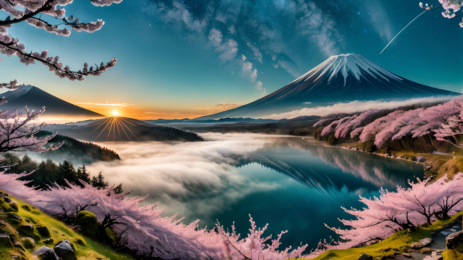 official art, RAW photo of a landscape, small details, (photorealistic:1.4), ultra-realistic photo, 8k uhd, dslr, high quality, film grain, Fujifilm XT3, (masterpiece), Mt.fuji, (solo:1.4), snow-capped mountain, lush green mountain slope, clouds billowing over the mountain slopes, (a lot of cherry blossom:1.3), (sunset), deep forests, several lakes, (mist drifting over the lake:1.2), milky way, twinkling stars, wide-angle,