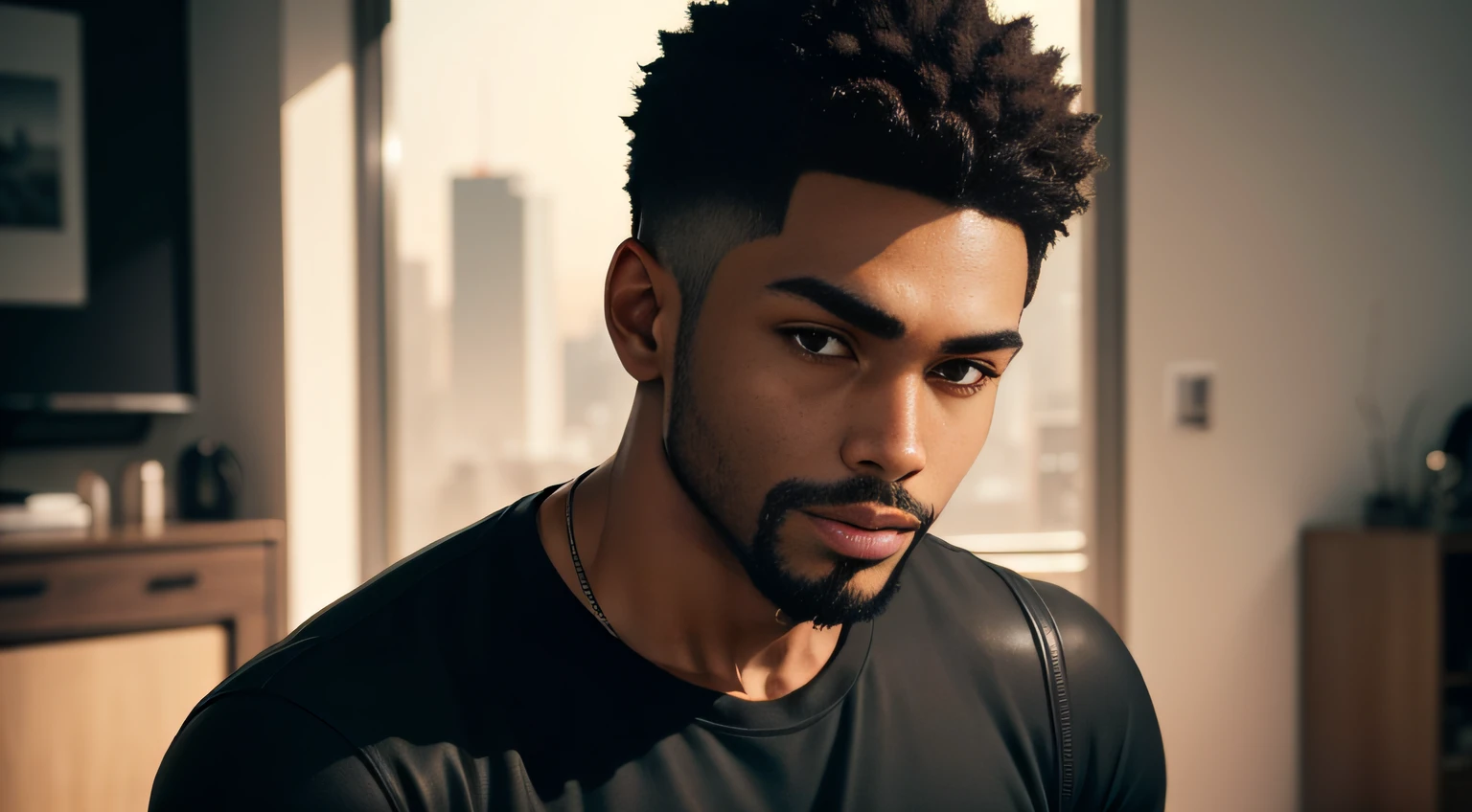 (ung black man),The face of this young black youtuber is expressive and striking, with strong features and a confident expression. His skin is well groomed and his short, well-made beard complements his modern and cool look. His dark eyes are piercing and convey mystery and suspense, which helps create an atmosphere of tension in his videos of urban legends. His posture is relaxed and secure, which shows his confidence in front of the cameras and contributes to creating a strong connection with his audiencebetter quality, high detail, incredibly delicate and beautiful illustration He is wearing an ordinary red T-shirt and jeans, which reflect his practical and cool style. Its leather strap adds a touch of style to its simple, relaxed look. His short black hair, short beard and light brown eyes catch the attention of his followers, while he holds a cup of hot coffee in one hand and a microphone in the other. He is focused and determined to create quality content for his audience while keeping his posture safe and relaxed, which contributes to creating a strong connection with his followers. In short, he's a successful YouTuber, known for his exciting and engaging urban legends, and his stripped-down style adds a personal touch to his content. High quality 4k image