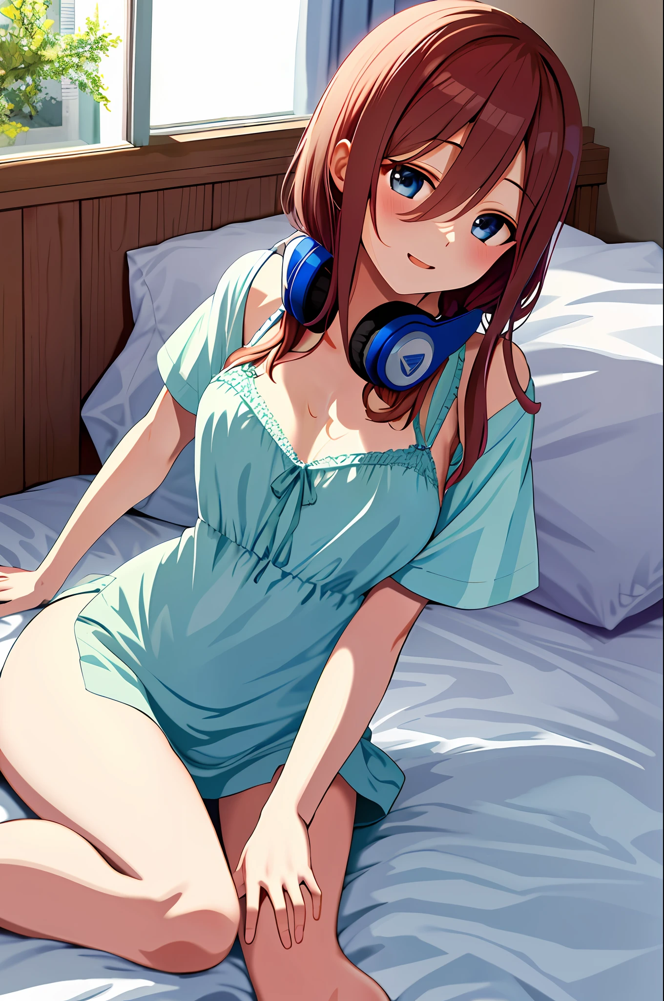 masterpiece, best quality, highres, nm1, headphones around neck, wariza, Miku Nakano, sleep dress, bed dress, lingerie, in bed, inroom, in bedroom, sit on the bed,  1girl, 1 girl,