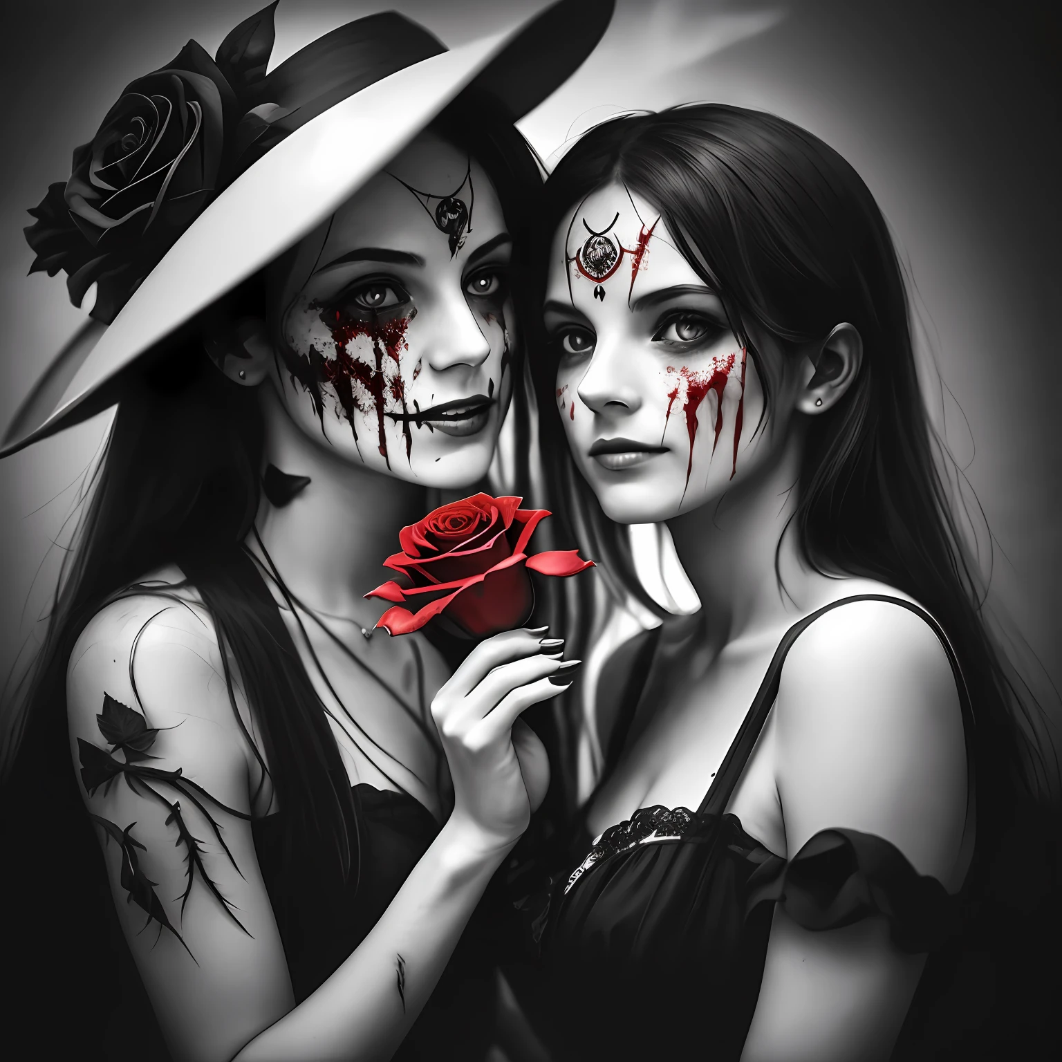 A haunting image of a cannibal and a rose, the cannibal's face obscured in darkness, revealing only a sinister smile and bloodstained teeth, holding a crimson rose delicately in their hand, the thorns piercing their skin, withering petals scattered on the ground, a play of light and shadow enhancing the eerie atmosphere, a macabre fusion of horror and beauty, Photography, black and white with high contrast, shot with a 50mm lens, --ar 1:1 --v 5