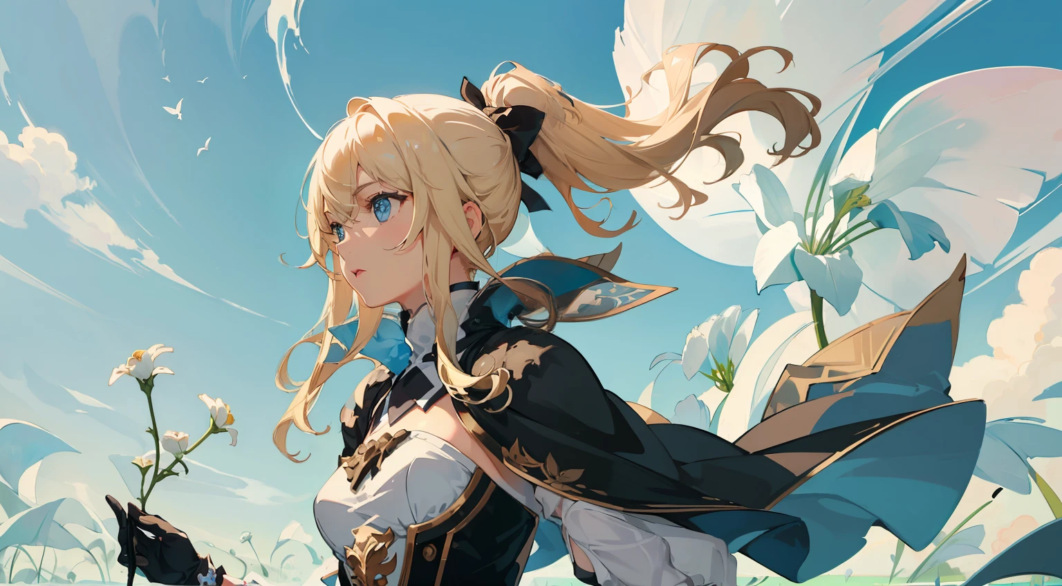 ((masterpiece,best quality)),(negative space:1.4),(1girl, solo:1.4),beautiful detailed eyes,floating blond hair, breasts,long hair, walking on a flower field, white clouds and blue sky