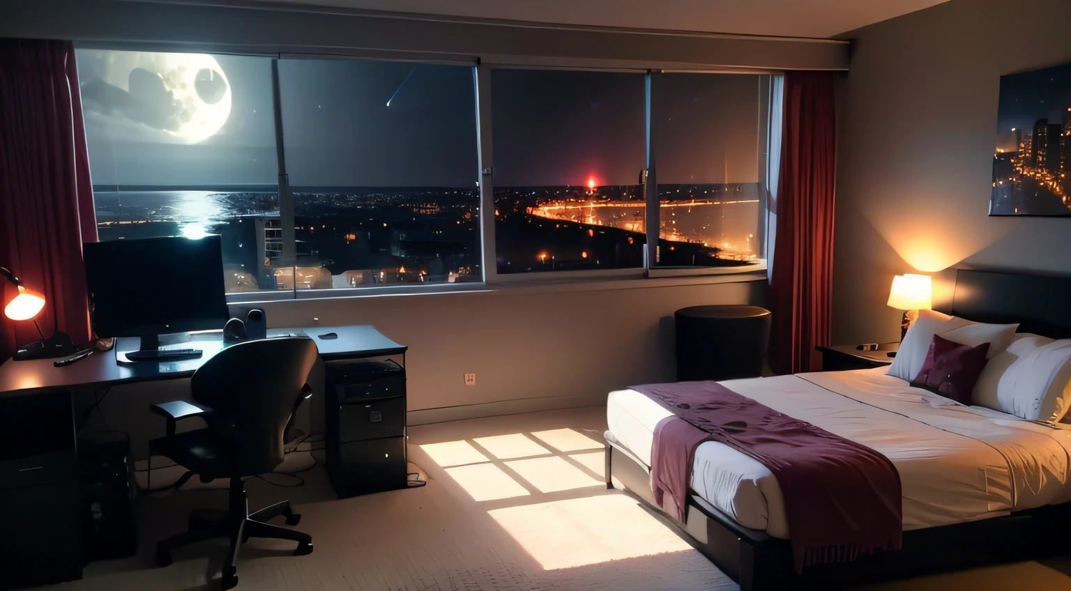room with gamer with large glass windows and a beautiful view of the night