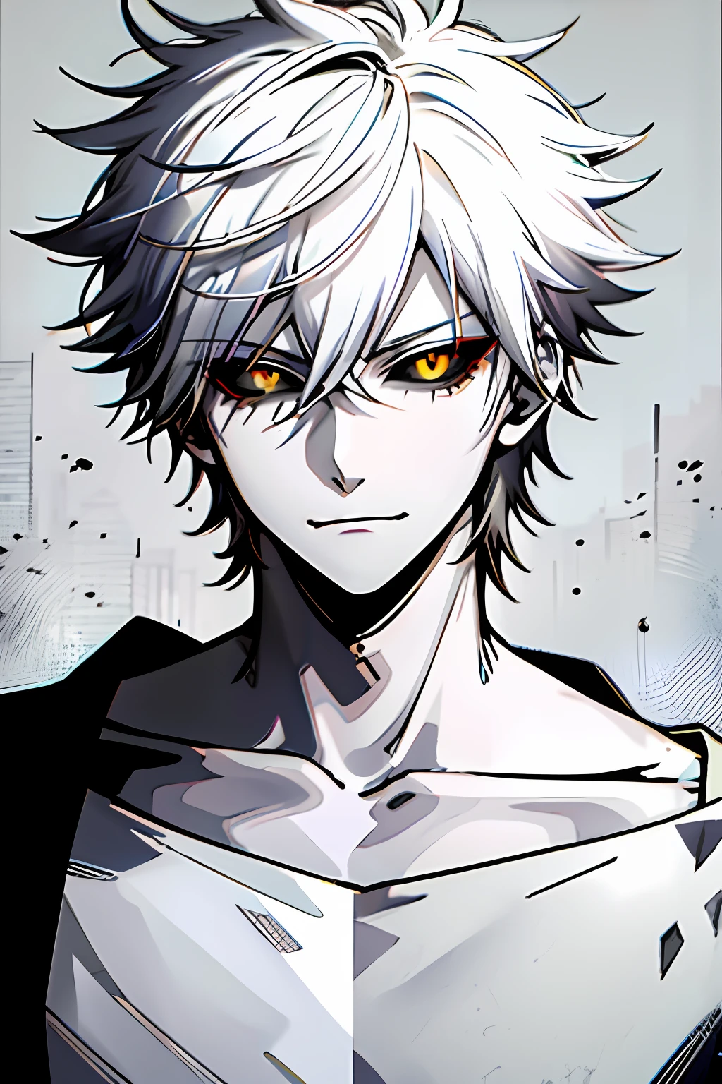 1boy, black sclera, closed mouth, collarbone, colored sclera, grayscale, japanese clothing, looking at the viewer, male focus, monochrome, short hair, smirk, solo, spiked hair, spot color, white hair, upper body, yellow eyes