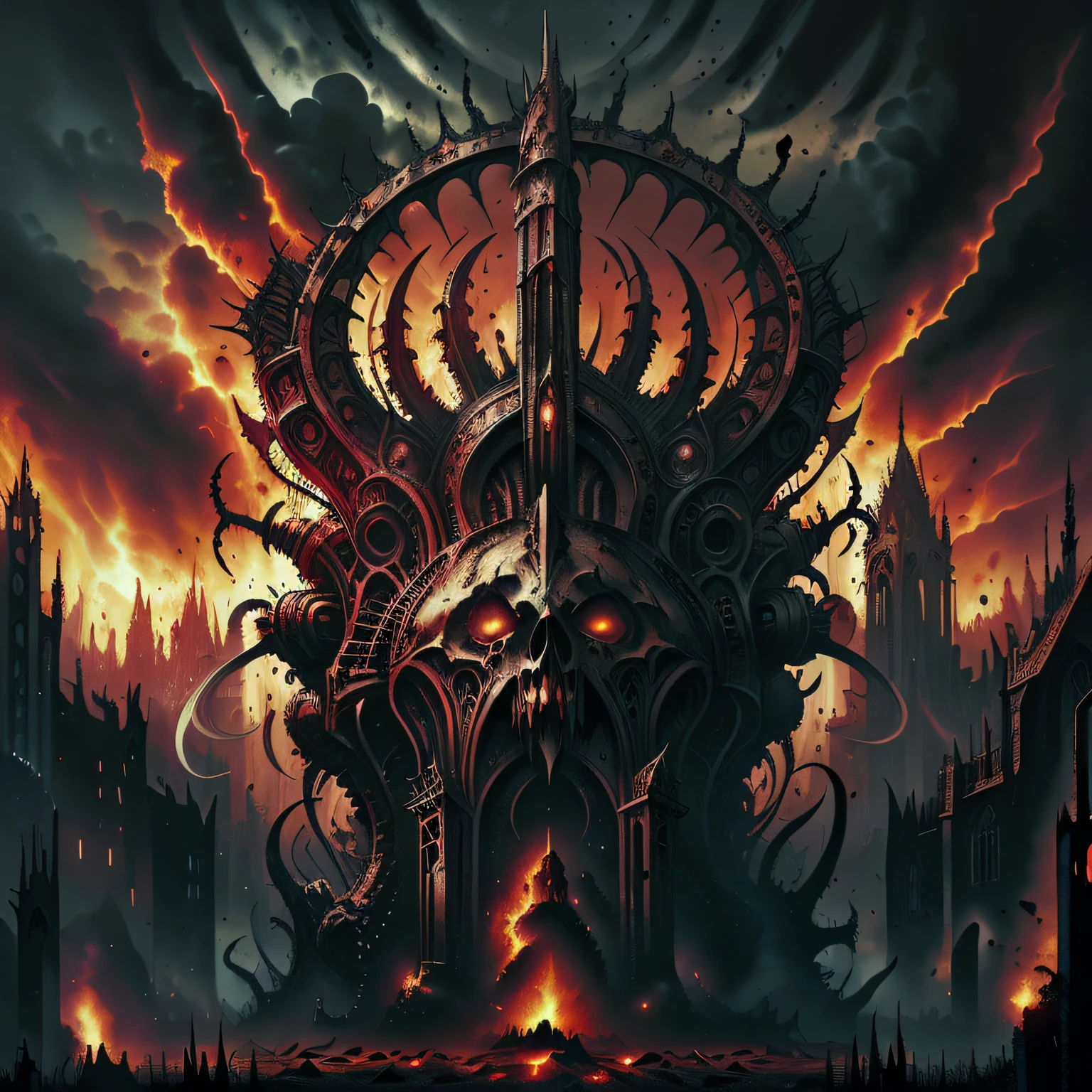 of a demonic looking art, death metal album cover, detailed cover cover, infestation, infernal background, metal album cover, infernal!!!, infernal, metal album cover art, official art, album art, black metal album cover, hell, abomination, horrible sentient flesh bread, full picture, apocalyptic contamination --auto --s2