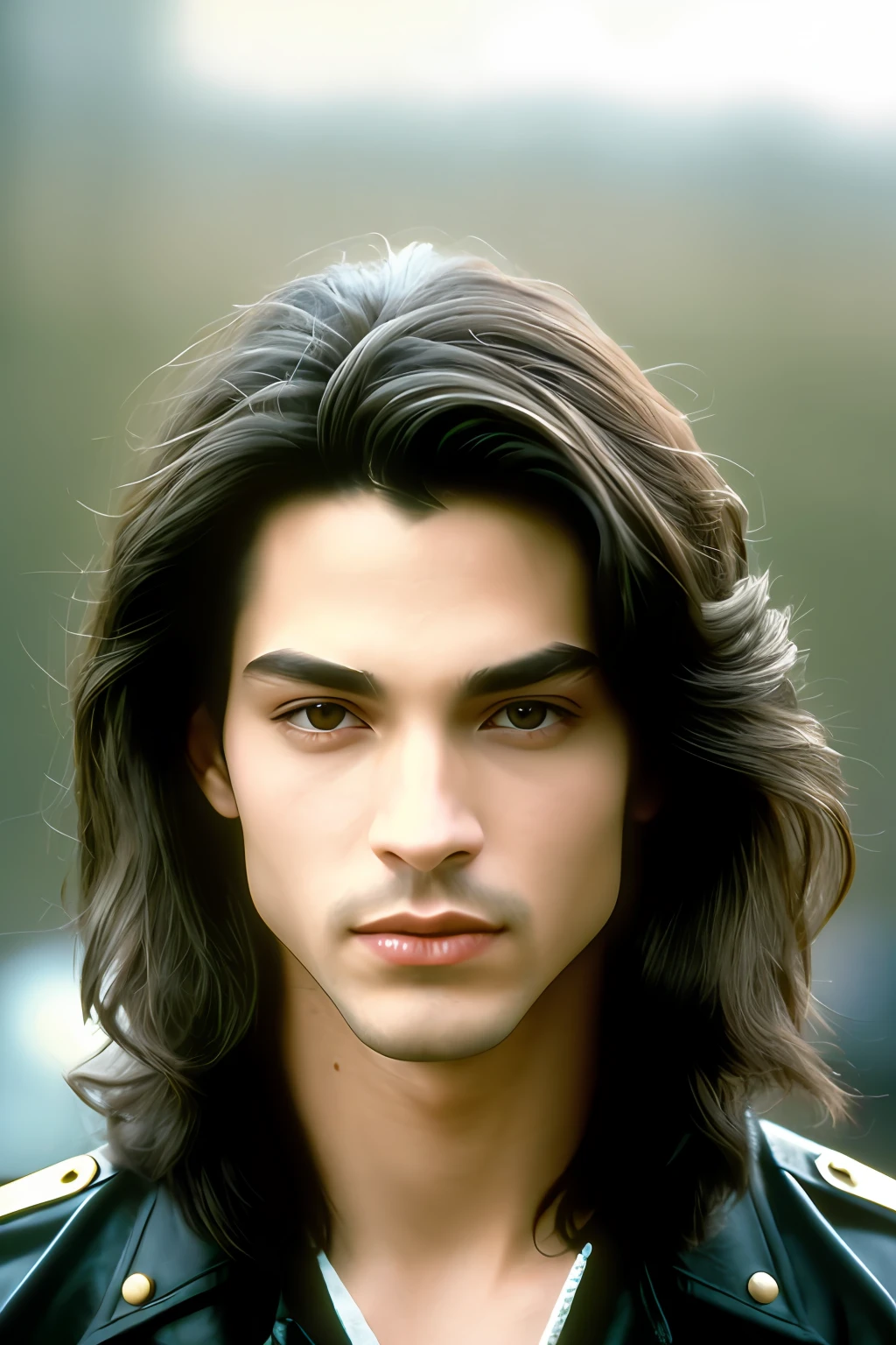 masterpiece, highest quality, solo focus, perfect face, high detail, dramatic, 1guy, shoulder length long dark hair, pale skin, ebony eyes, brown eyebrows, solo, cinematic lighting, photografic, realstic, beautiful , exisotic prince, taken in the early 1990s