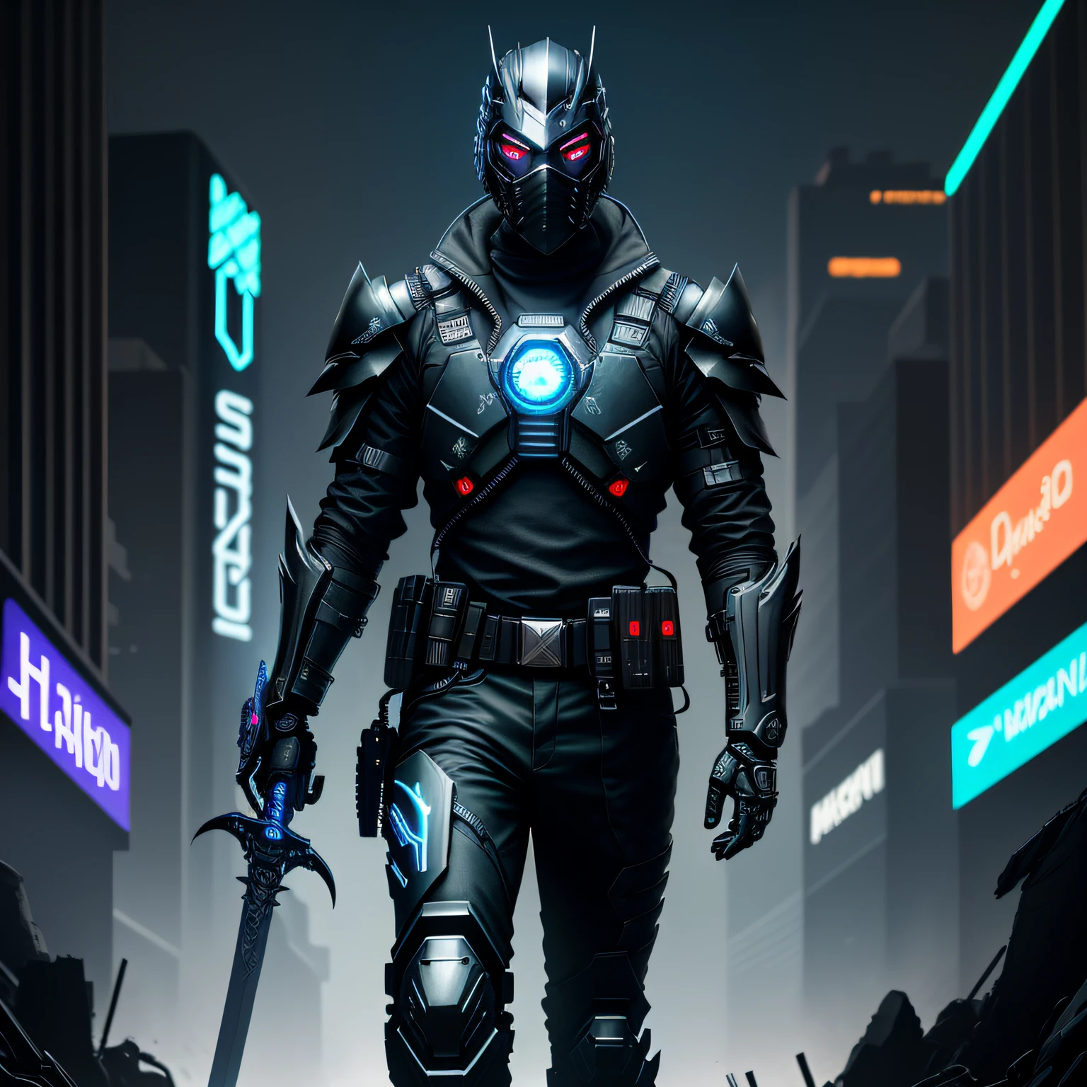 (best quality) (extra high definition) man with neon mask, dark style, black titanium armor blue details, looking at you, sword in hand, cyberpunk city