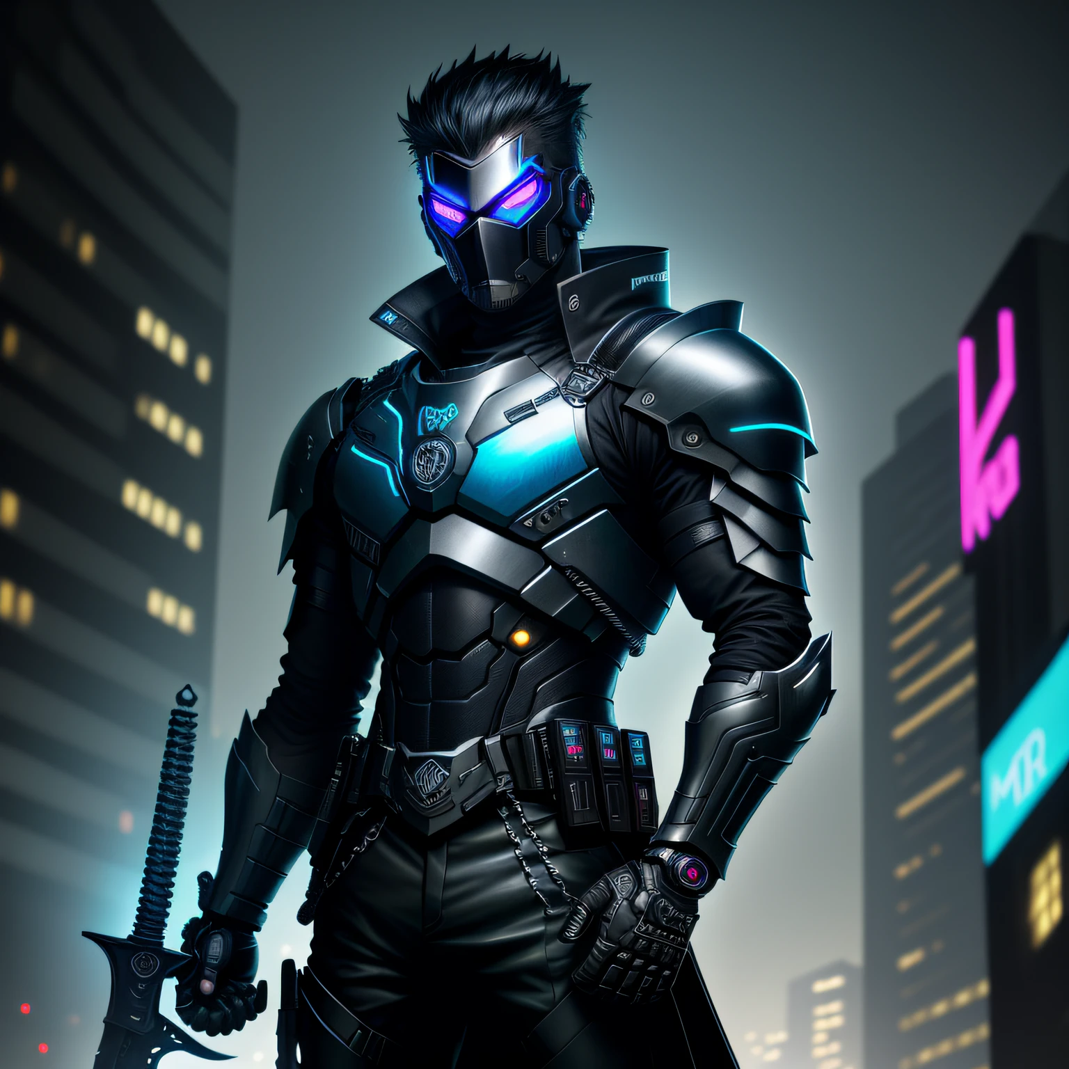 (best quality) (extra high definition) man with neon mask, dark style, black titanium armor blue details, looking at you, sword in hand, cyberpunk city