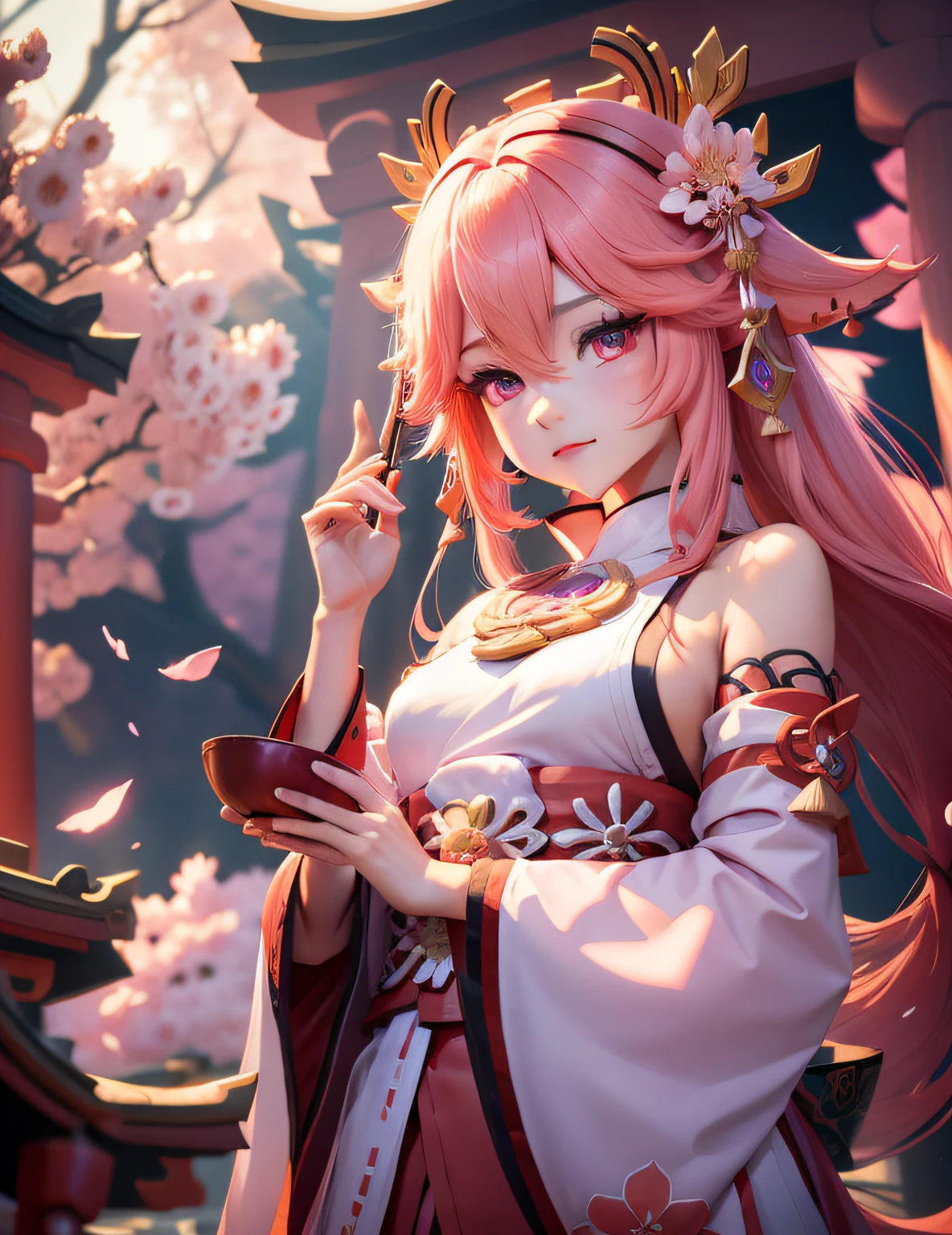 yae miko, kisen, pink fox, Guuji Yae, kitsune of many facets, Sakura, yokai kitsune, genshin, genshin impact, nine tails, fox pink tails, sakura blooms, electro vision, narukami temple, fox ears, anime girl with ears, pink, violet, yae mico caracter, shrine maiden, is a young priestess who works at a Shinto shrine