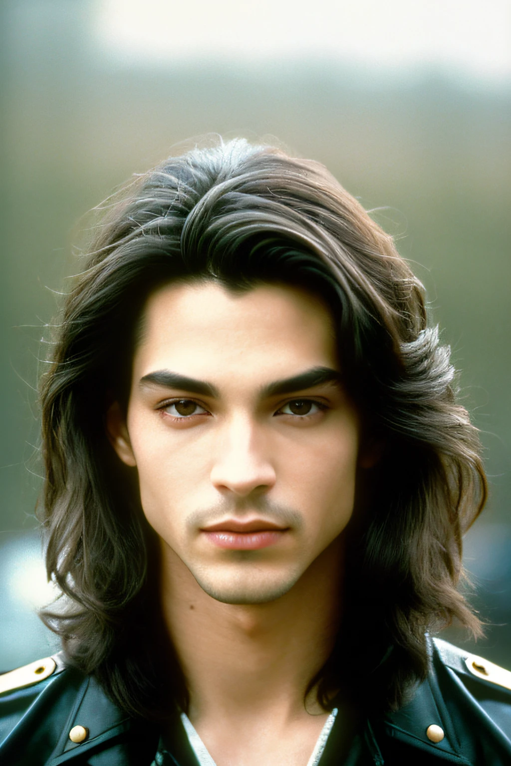 masterpiece, highest quality, solo focus, perfect face, high detail, dramatic, 1guy, shoulder length long dark hair, pale skin, ebony eyes, brown eyebrows, solo, cinematic lighting, photografic, realstic, beautiful , exisotic prince, taken in the early 1990s