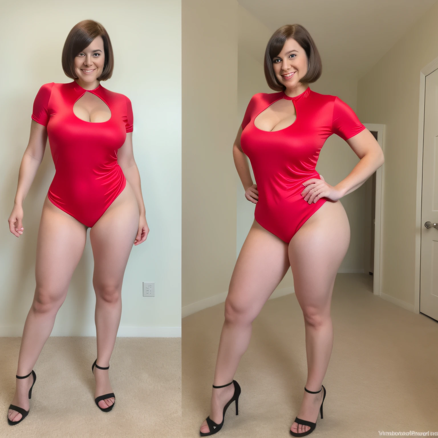 high resolution raw photo of the character helen parr depicted as a real beautiful woman, ((full body photo view)), big ass, large hip, wide hip, wide ass, wearing his elastigirl costume, bobcut short hair