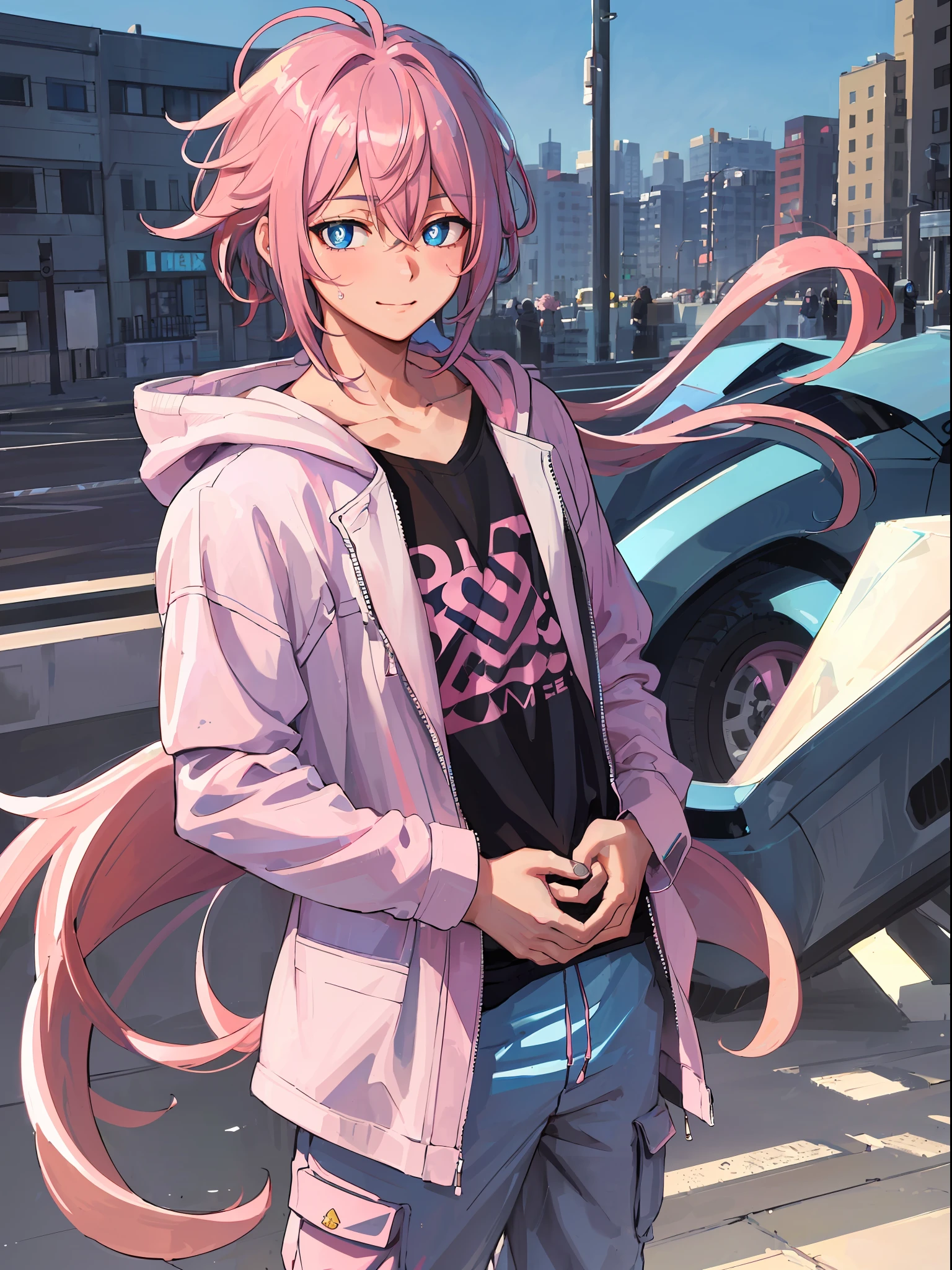 ((highest quality, masterpiece, 4k, finely detailed, detailed eyes, detailed face, gelbooru, pixiv)), warm lighting, ((solo)), 1 male, handsome, masculine, adult male, broad shoulders, closeup of face, portrait, slight blush on cheeks, smiling, looking at viewer, ((lazy eyes, half-lidded, eyebags under eyes, blue eyes with white pupils)), wearing modern clothing, hoodie with a logo, sweatpants, standing, hands in pockets, ((pink hair, medium length hair, shaggy hairstyle, messy hair)), city background