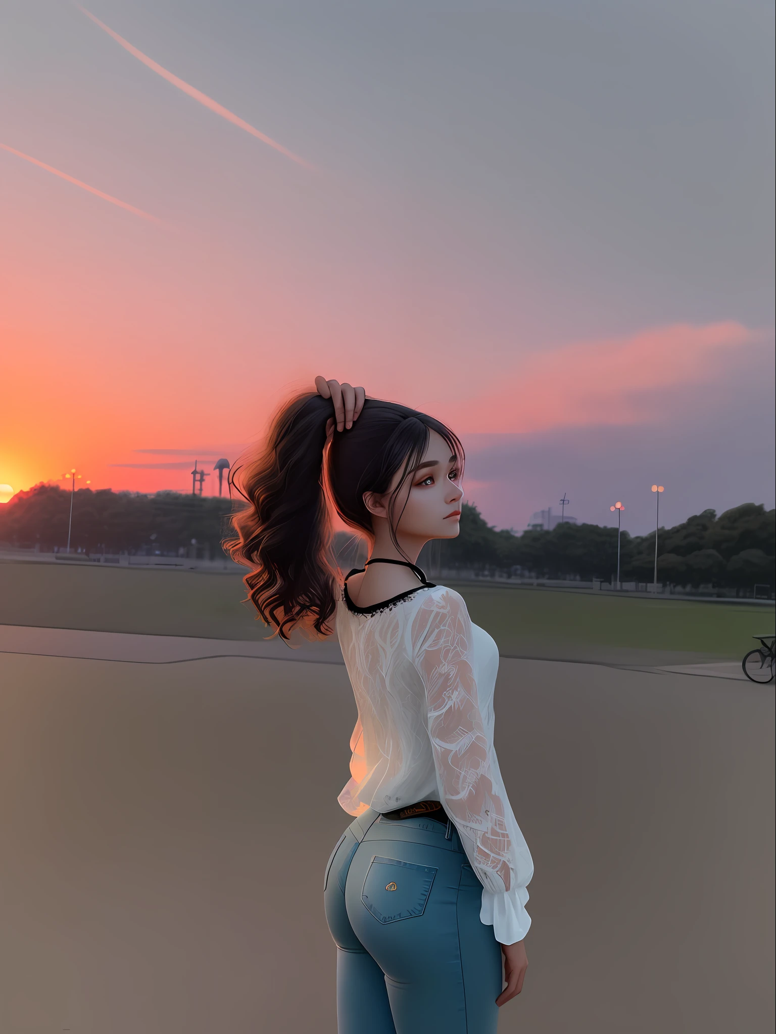 Beautiful girl gathered her hair with left hand and put up to the back, background is sunset view in public park, wearing long sleeve white lace shirt, wearing tight jeans pants with black color, ultra detailed beautiful hands, ultra detailed beautiful face with side view, ultra detailed beautiful eyes, ultra resolutions, photorealistic