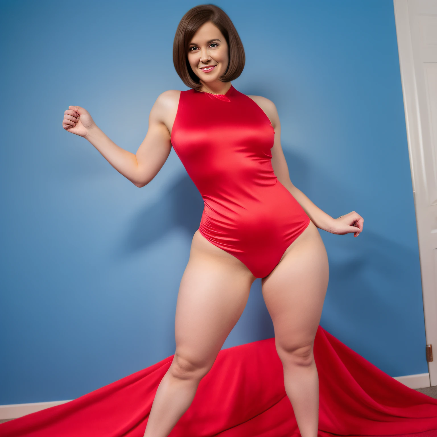 high resolution raw photo of the character helen parr depicted as a real beautiful woman, ((full body photo view)), big ass, large hip, wide hip, wide ass, wearing his elastigirl costume, bobcut short hair