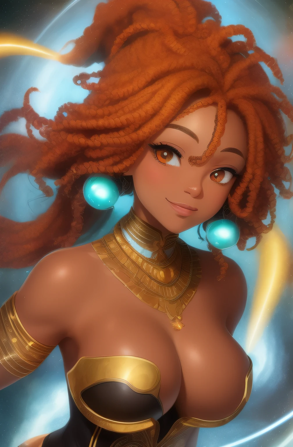 best quality, masterpiece, upper body,
(adult:1.6) african goddess, (smug smirk:0.4),
ponytail auburn hair, heterochromia eyes, really curly hair, dark skin,
sparkling eyes,
victorian leotard,
floating light particles, centered,