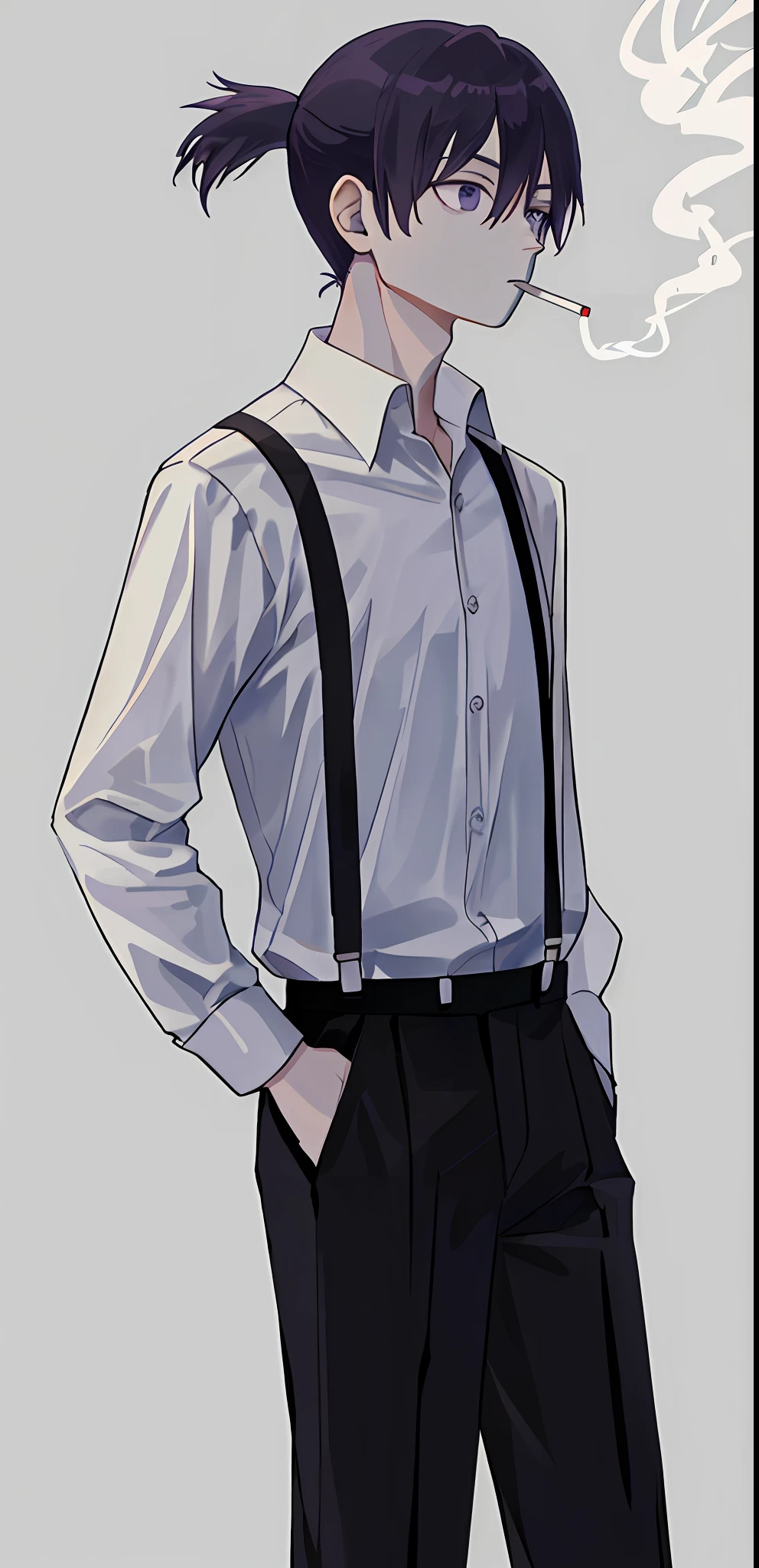1man, solo, standing, hands in pockets, white button-down shirt, suspenders, small ponytail, cigarette, smoking, masterpiece, best quality, highres, black pants, purple tint